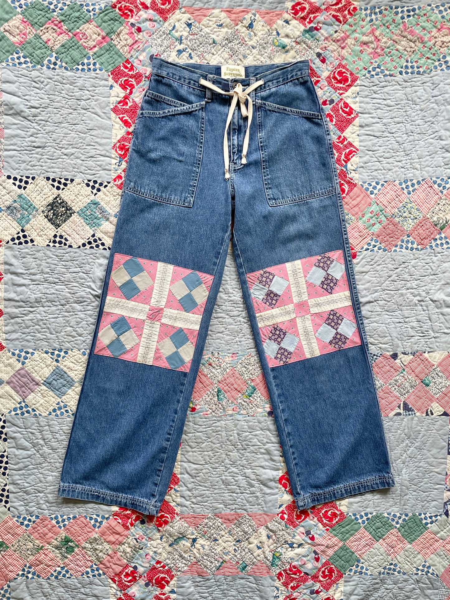 Reworked Wide Leg Jeans with Quilt Patches Women's Vintage Size 4
