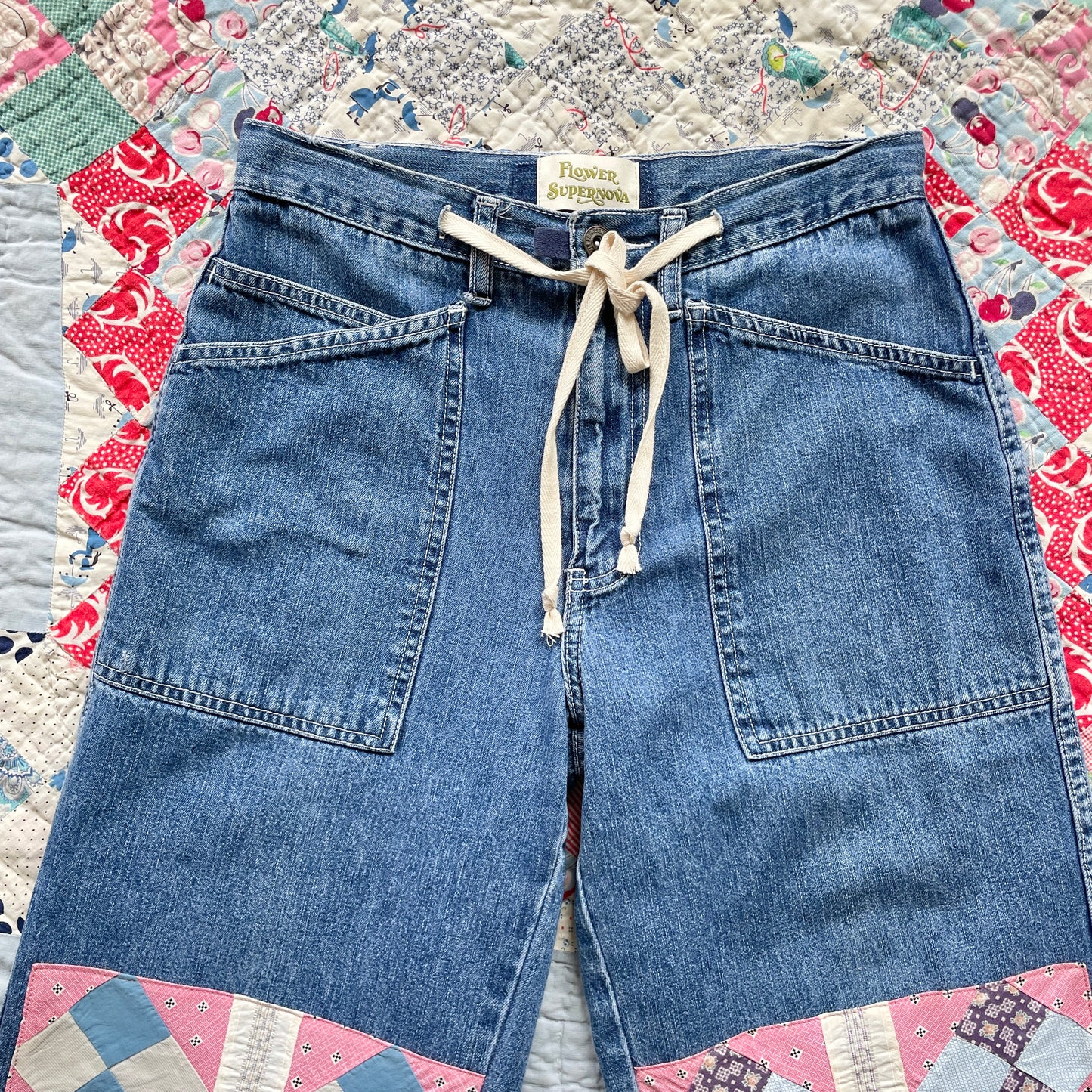 Reworked Wide Leg Jeans with Quilt Patches Women's Vintage Size 4
