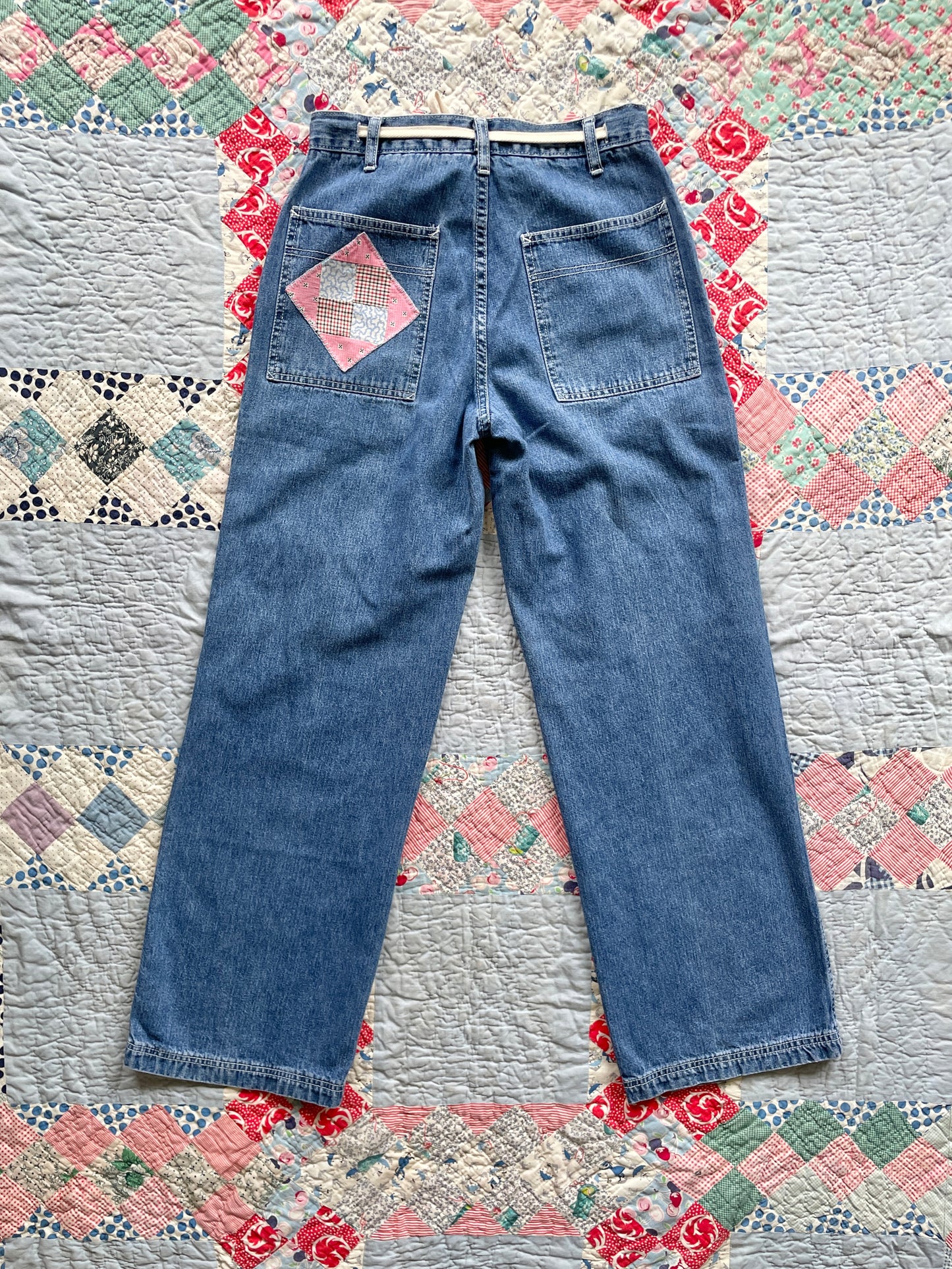 Reworked Wide Leg Jeans with Quilt Patches Women's Vintage Size 4