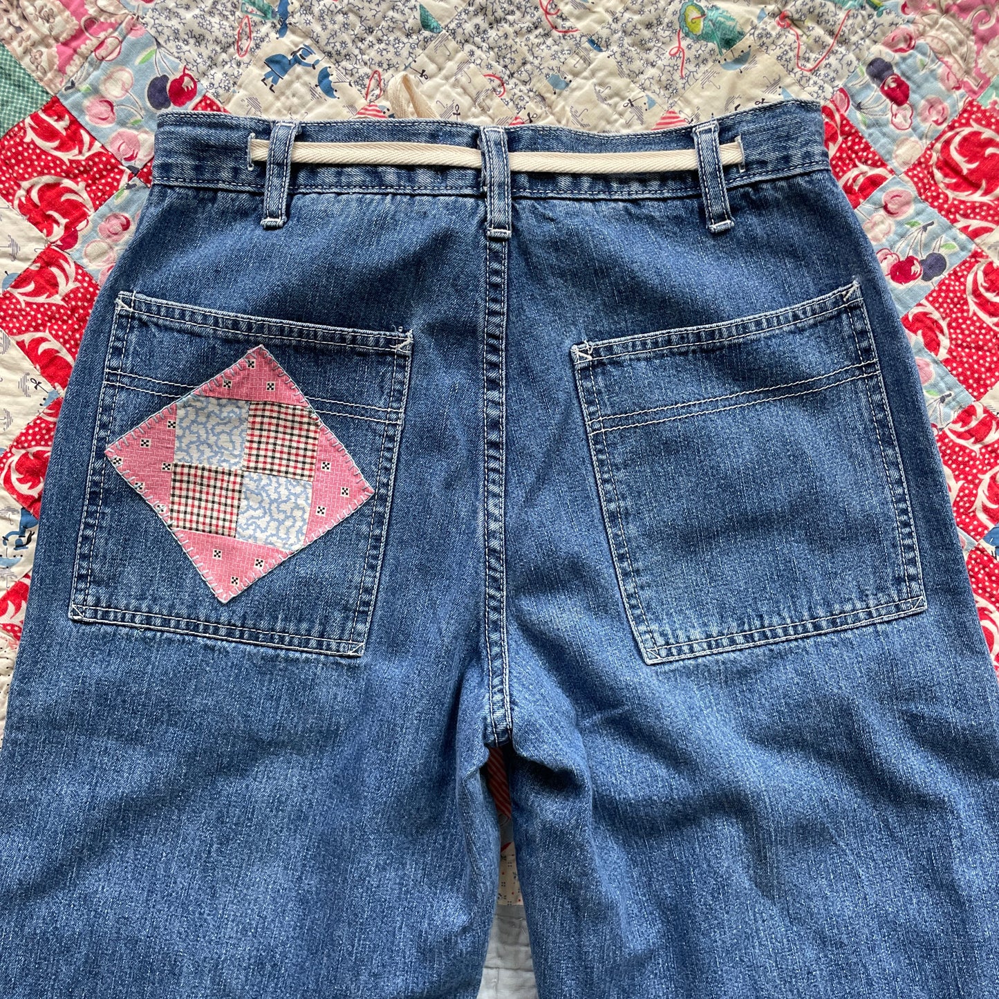 Reworked Wide Leg Jeans with Quilt Patches Women's Vintage Size 4