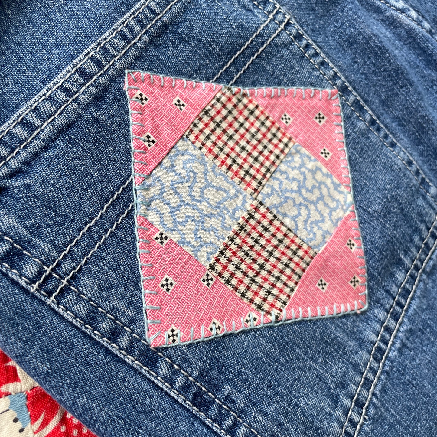 Reworked Wide Leg Jeans with Quilt Patches Women's Vintage Size 4