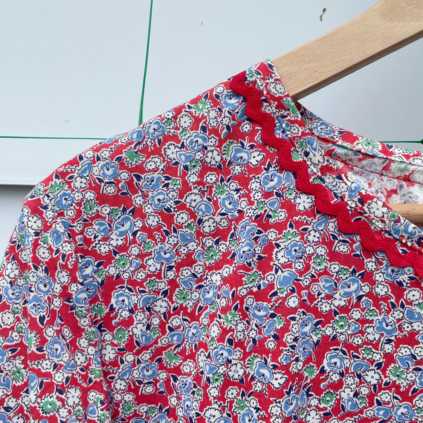 Red Floral Rick Rack Dress Upcycled from Vintage Quilt S