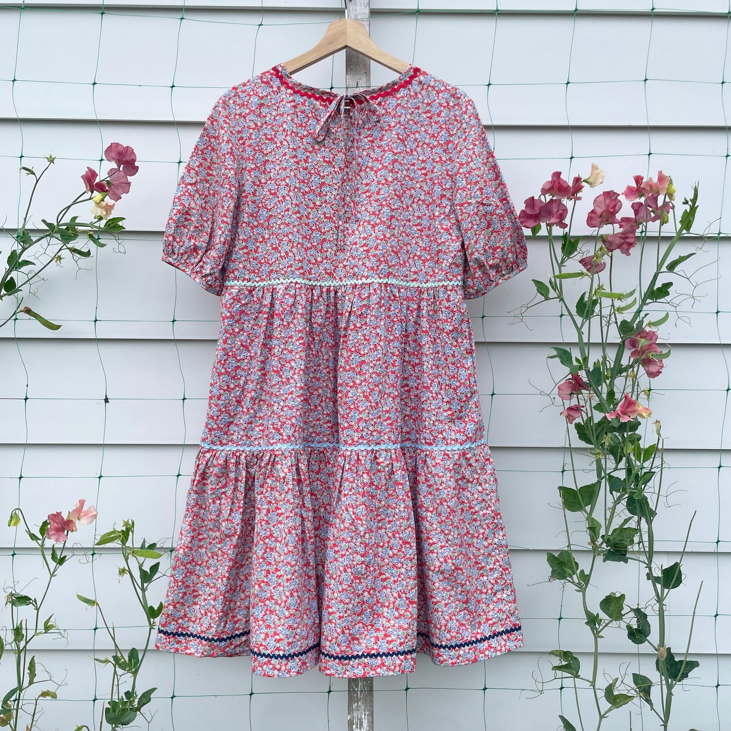 Red Floral Rick Rack Dress Upcycled from Vintage Quilt S