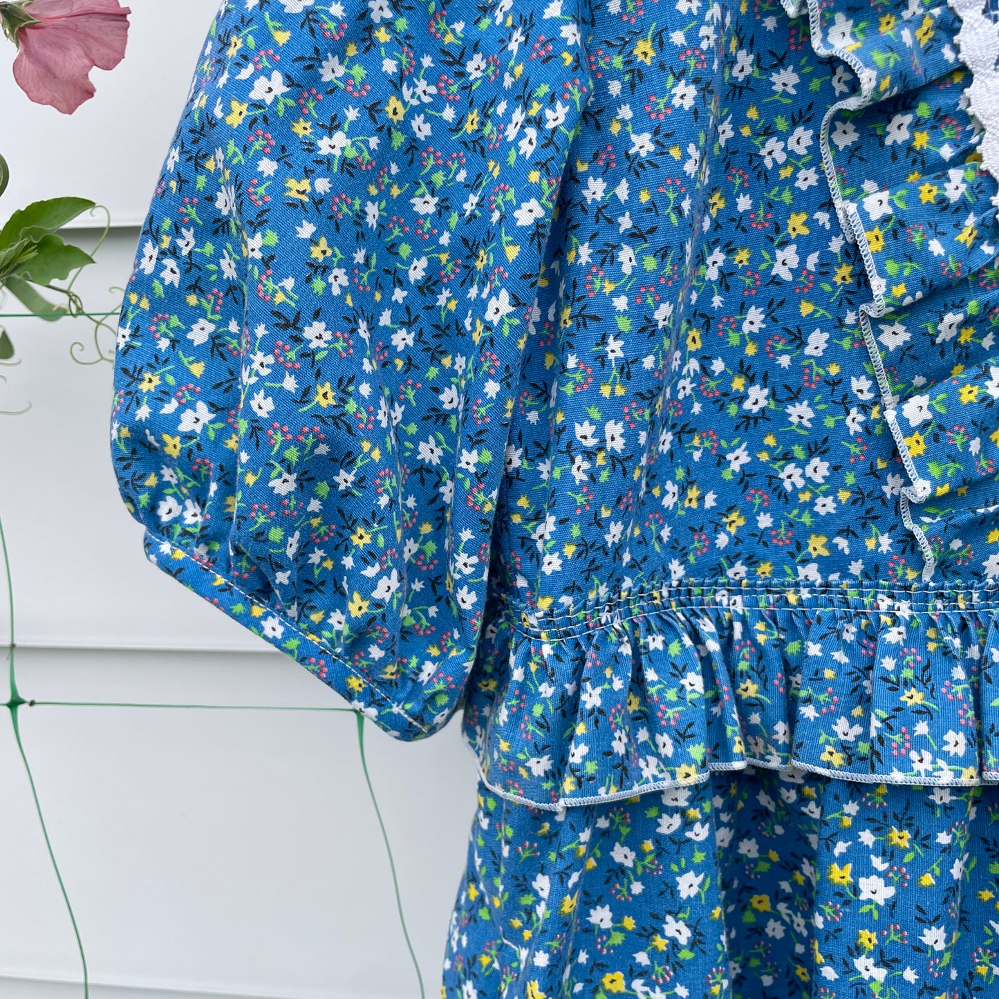 Blue Floral Prairie Dress with Ruffles Upcycled from Vintage Curtains L