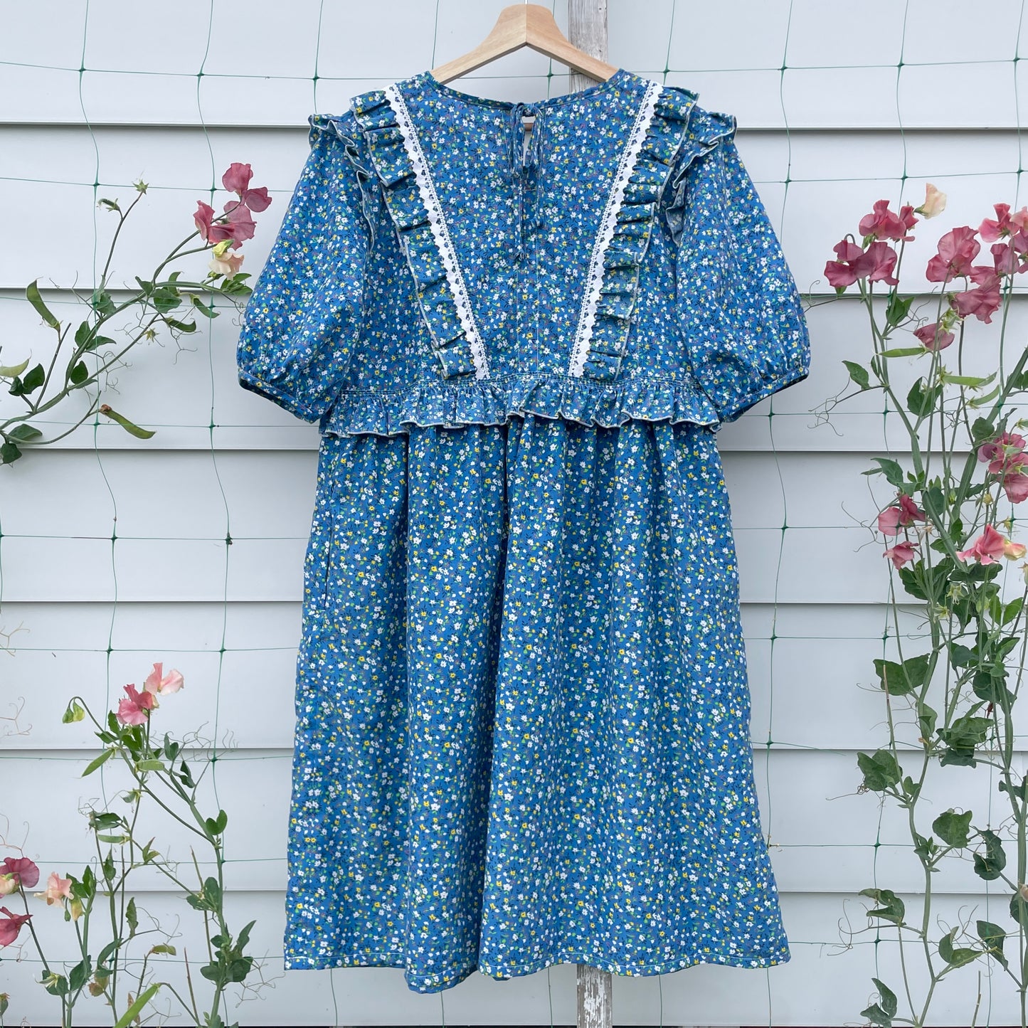 Blue Floral Prairie Dress with Ruffles Upcycled from Vintage Curtains L