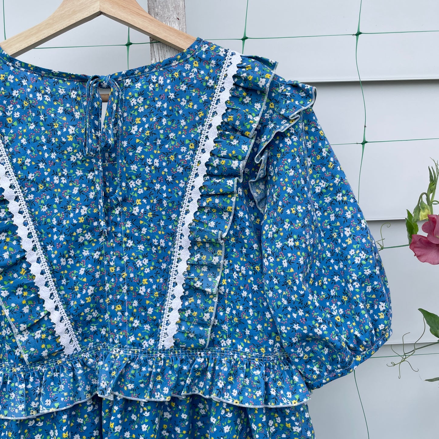 Blue Floral Prairie Dress with Ruffles Upcycled from Vintage Curtains L