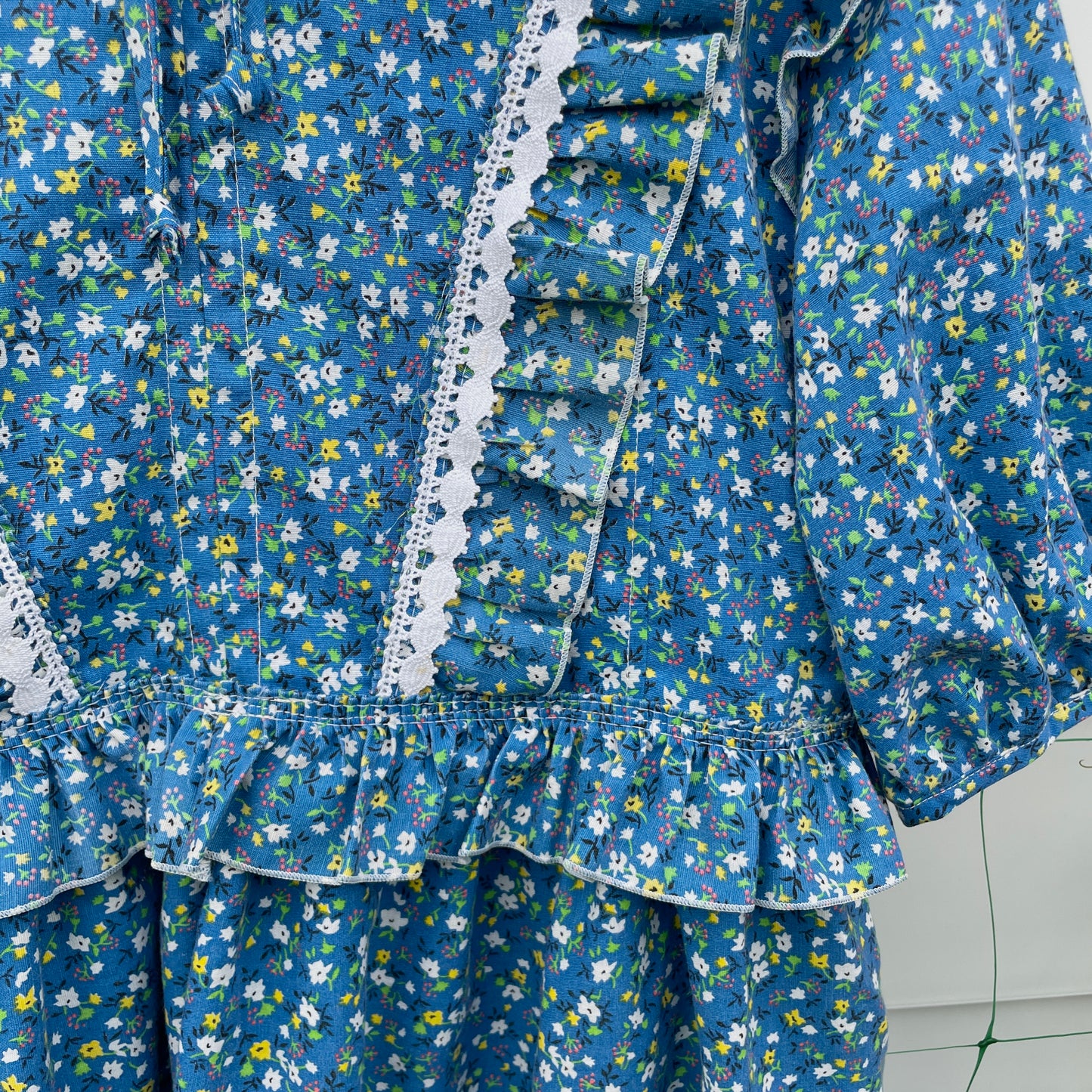 Blue Floral Prairie Dress with Ruffles Upcycled from Vintage Curtains L