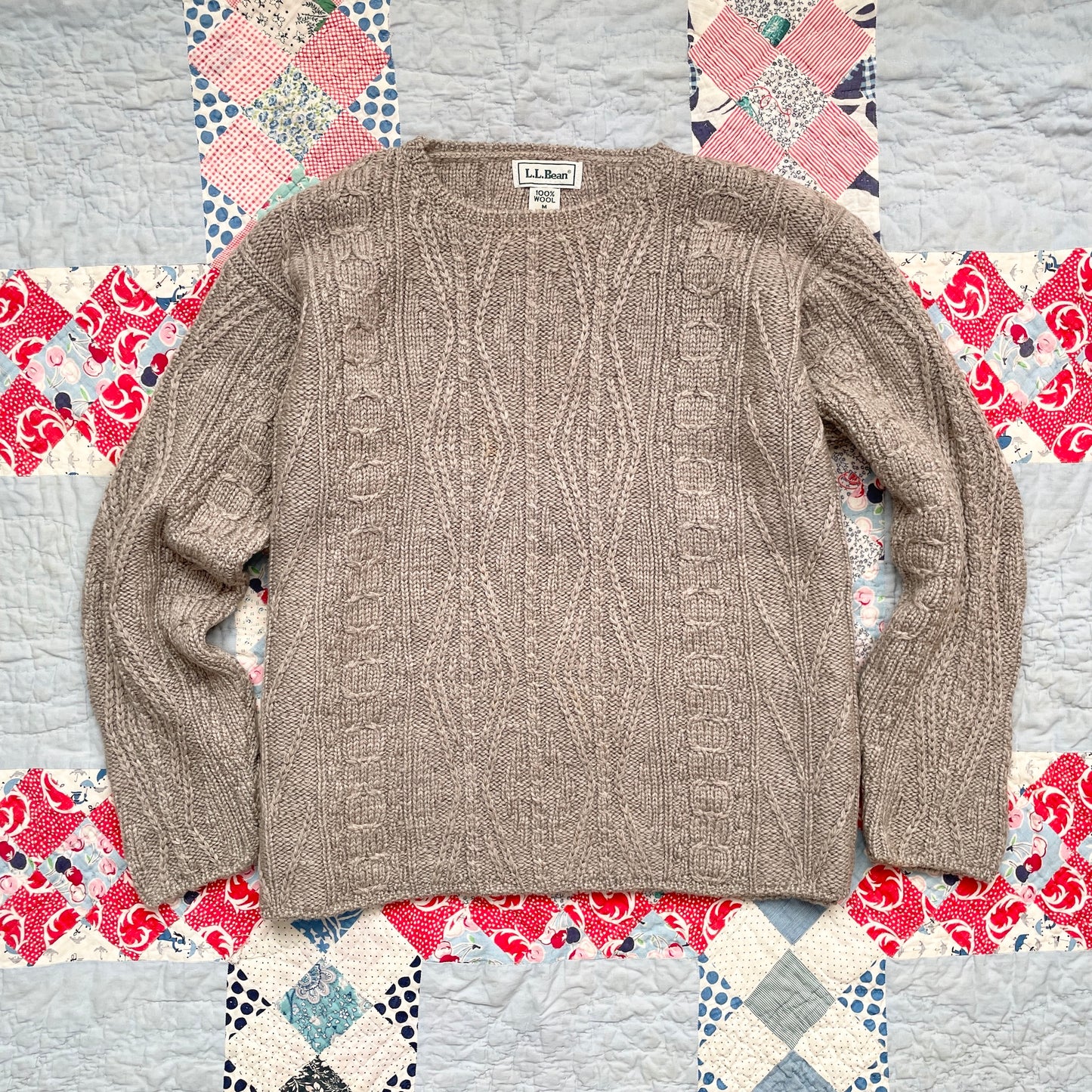 Vintage L.L. Bean Taupe Wool Cable Knit Sweater Made in Ireland M