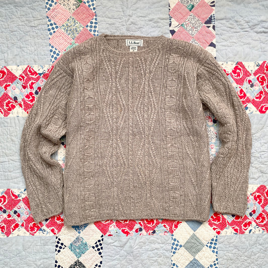 Vintage L.L. Bean Taupe Wool Cable Knit Sweater Made in Ireland M