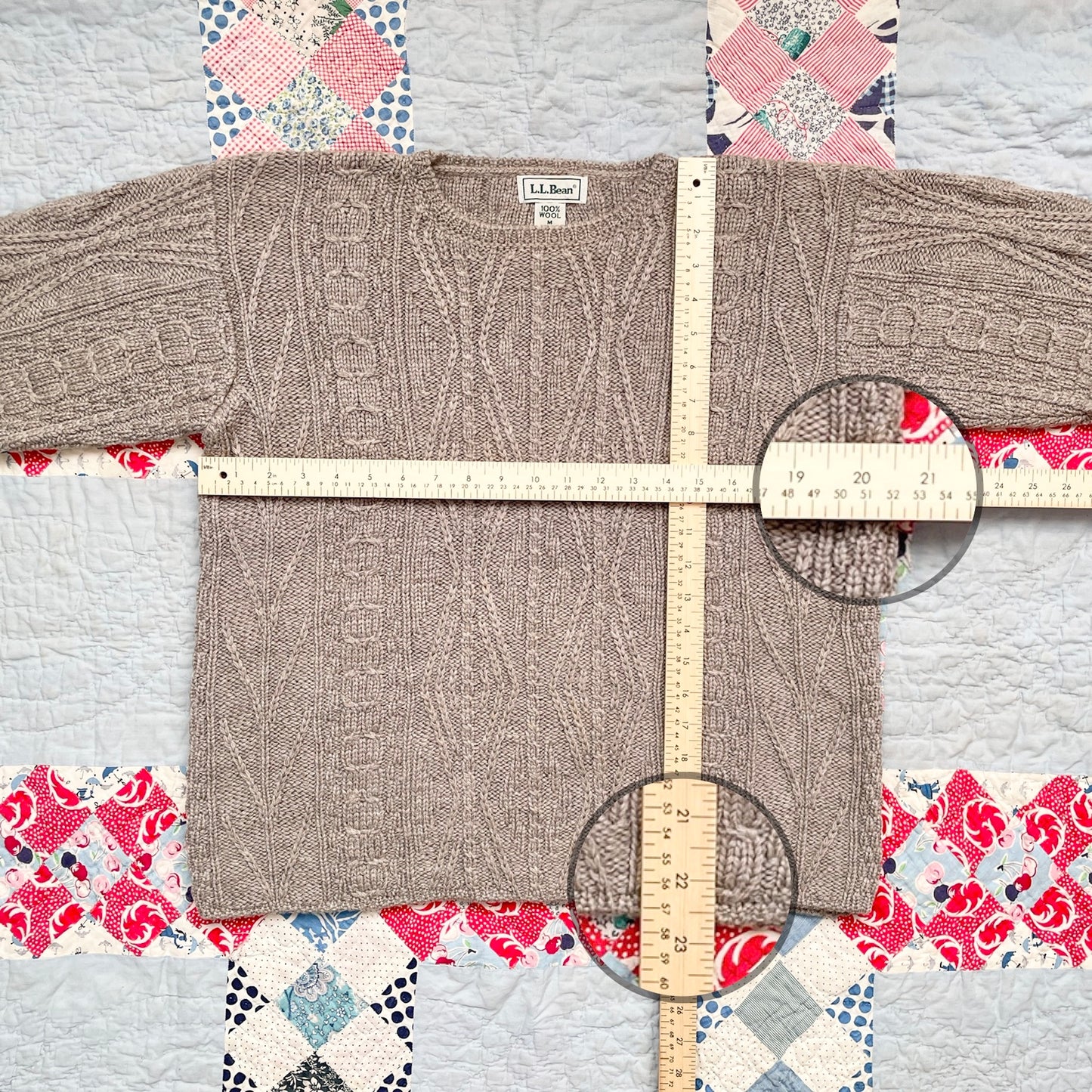 Vintage L.L. Bean Taupe Wool Cable Knit Sweater Made in Ireland M