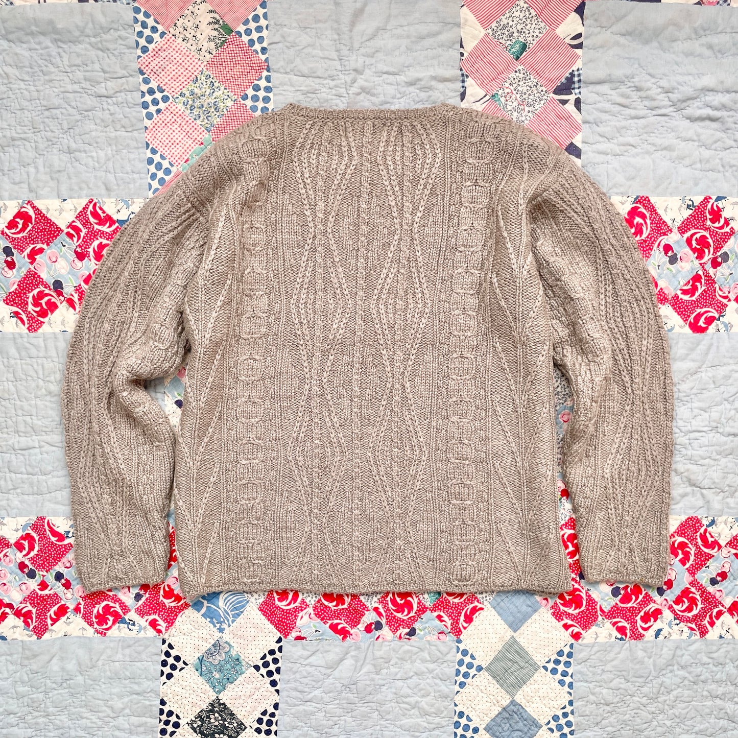 Vintage L.L. Bean Taupe Wool Cable Knit Sweater Made in Ireland M