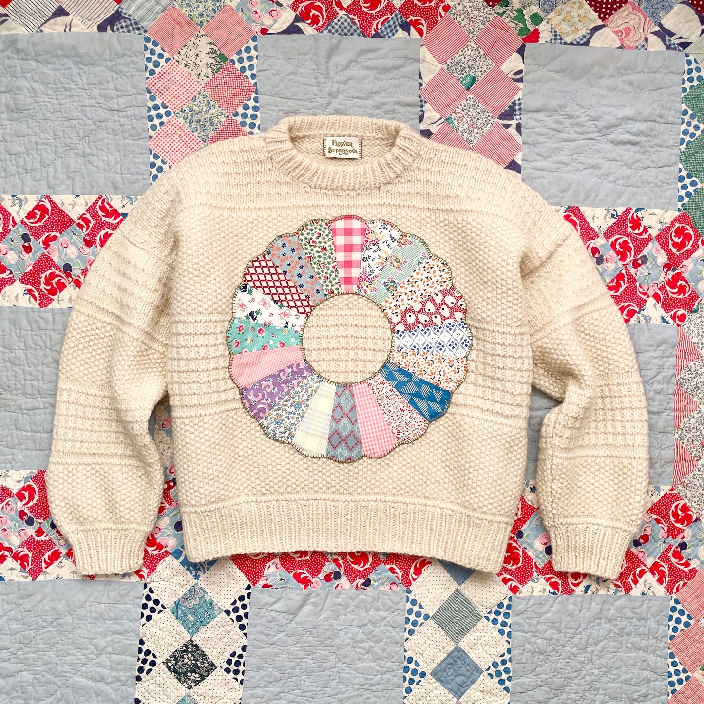 Hand Knit Sweater with Colourful Dresden Plate Appliqué