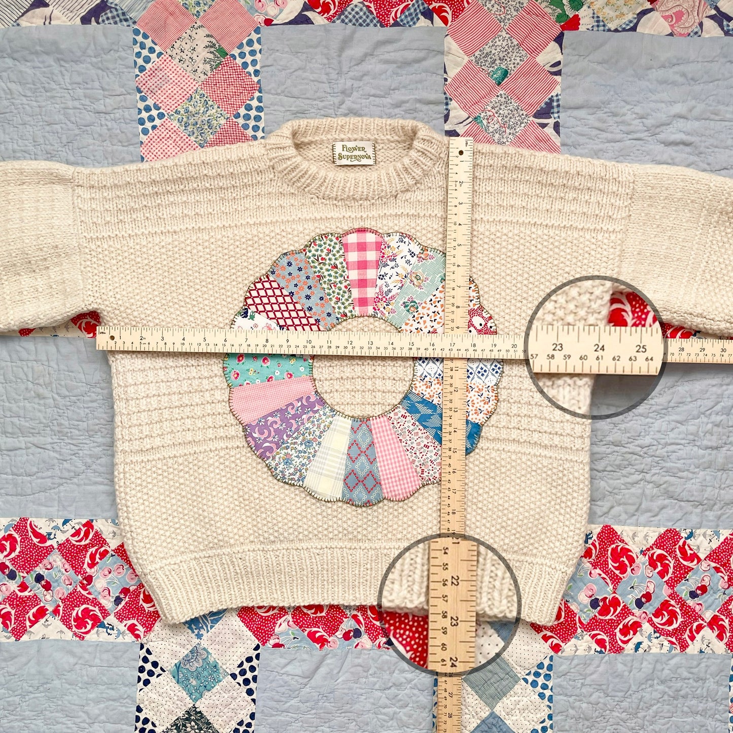 Hand Knit Sweater with Colourful Dresden Plate Appliqué