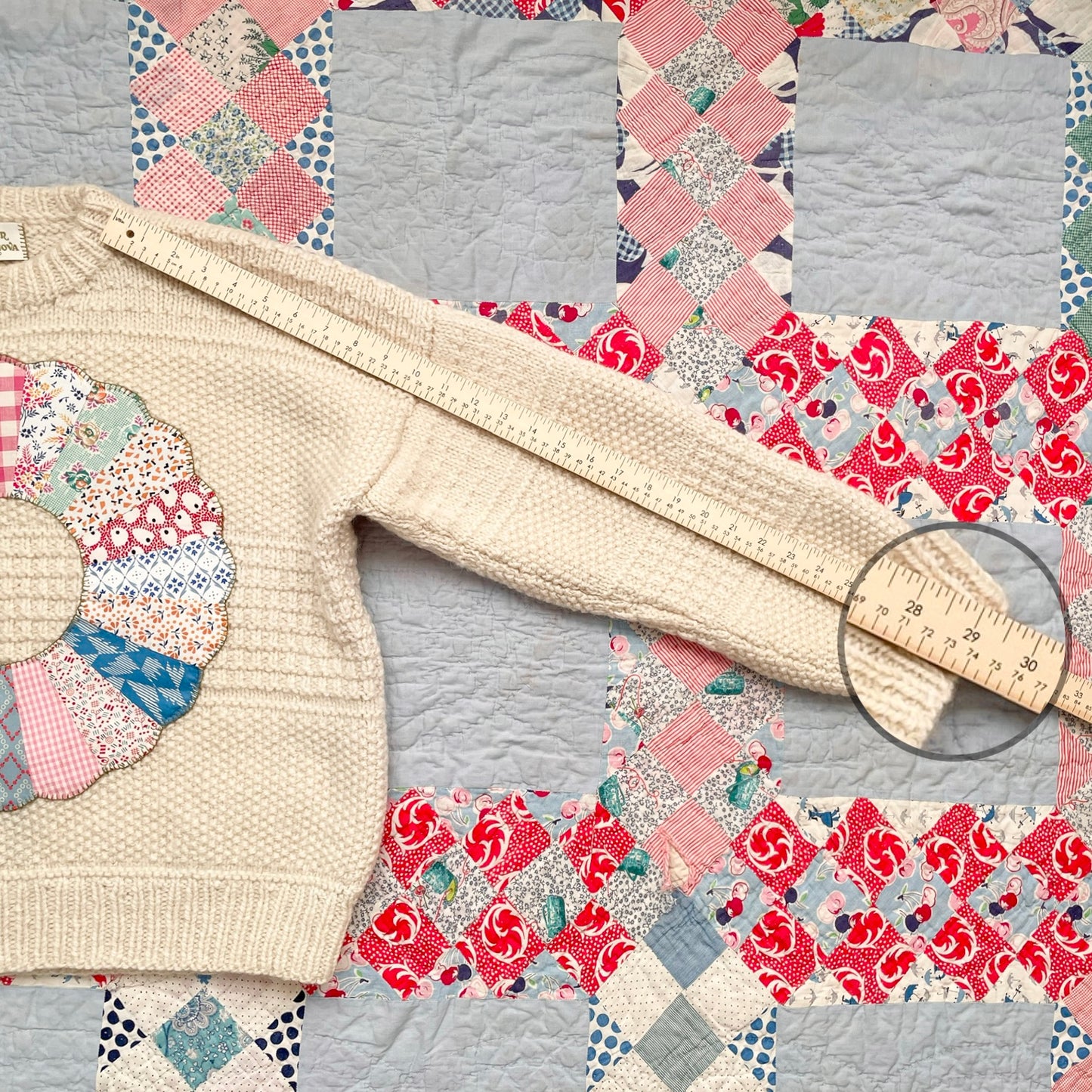 Hand Knit Sweater with Colourful Dresden Plate Appliqué