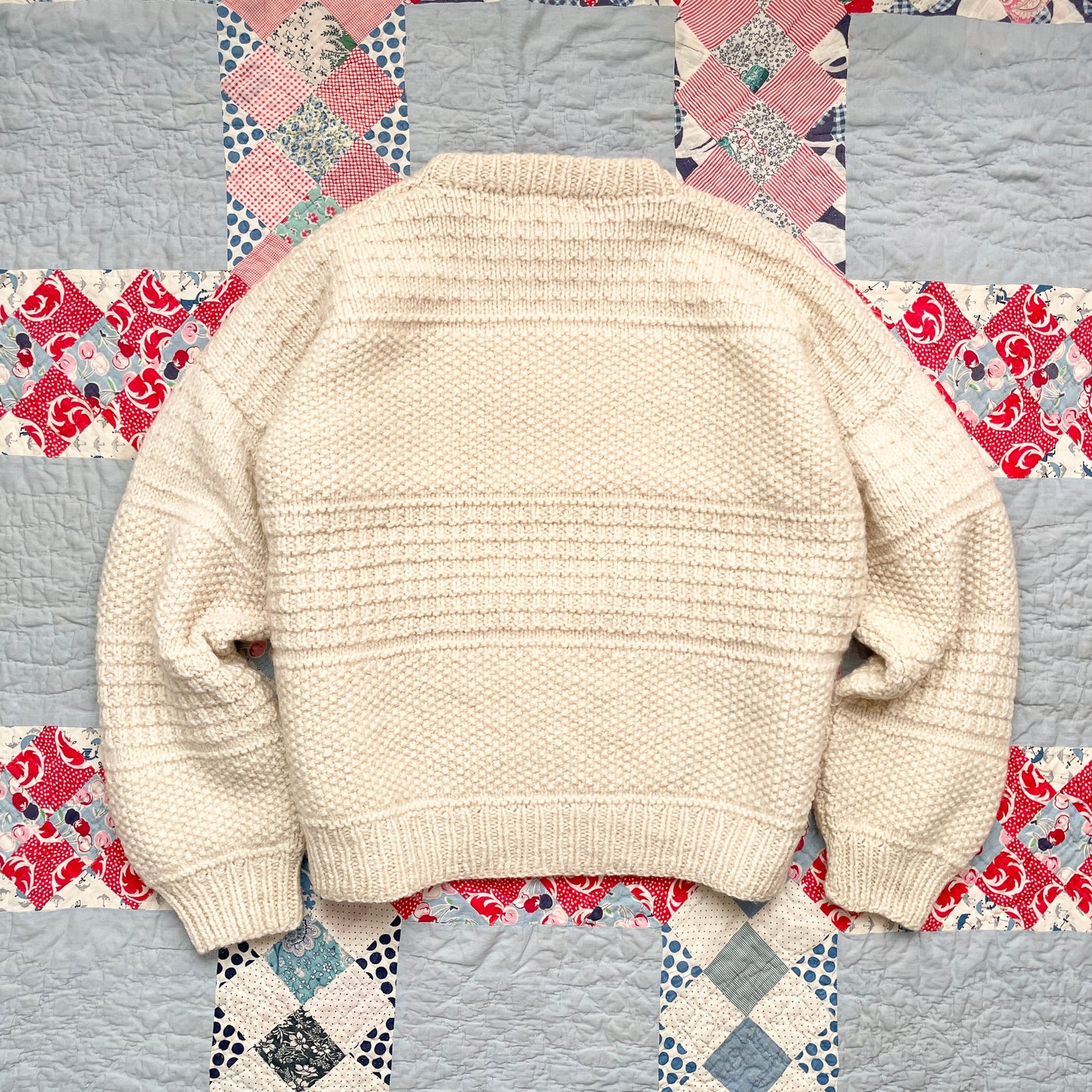 Hand Knit Sweater with Colourful Dresden Plate Appliqué