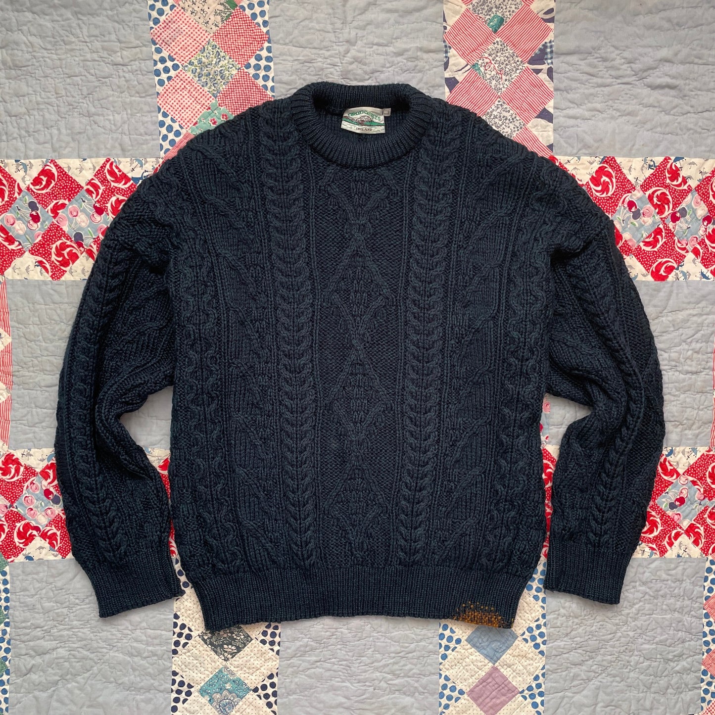 Vintage Aran Crafts Fisherman Sweater with Visible Mending L