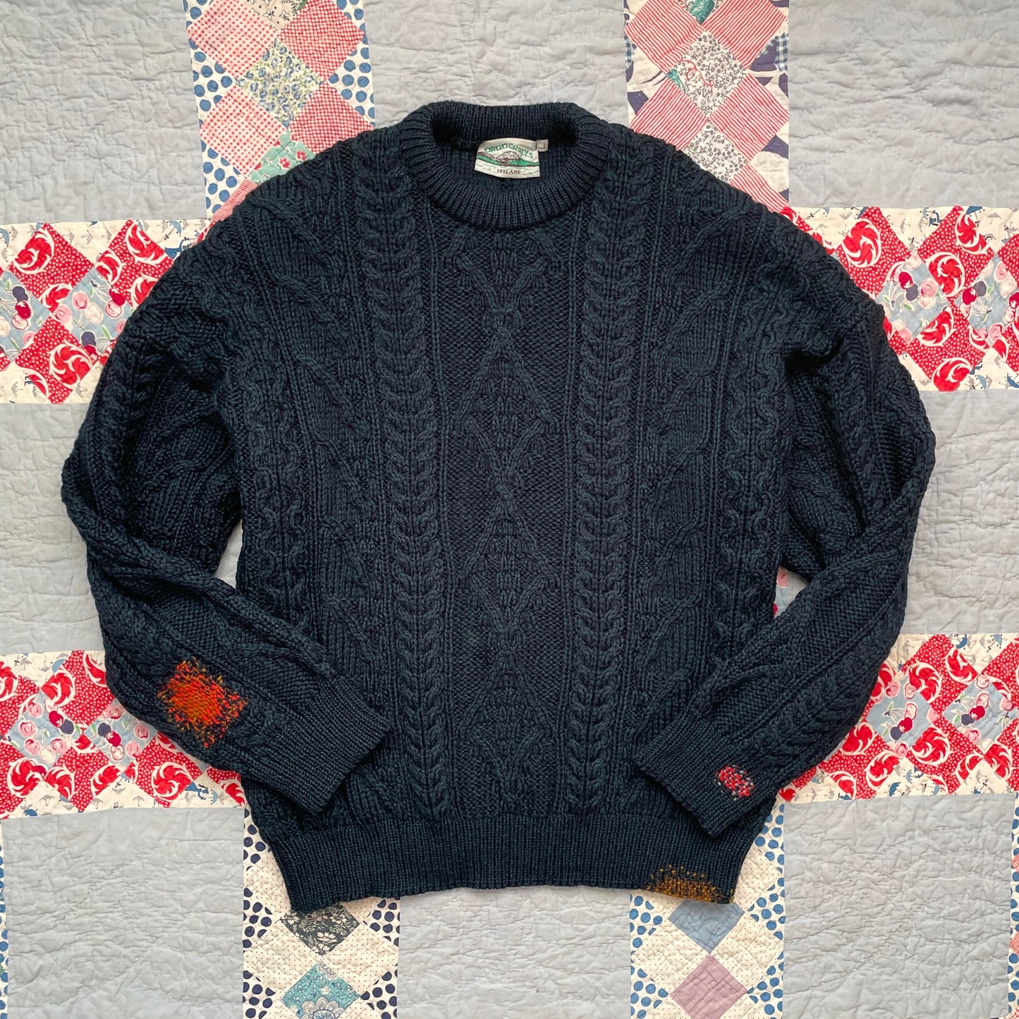 Vintage Aran Crafts Fisherman Sweater with Visible Mending L