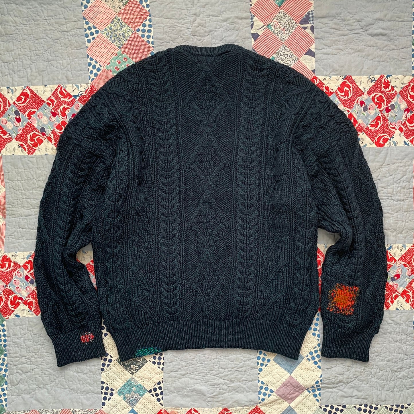 Vintage Aran Crafts Fisherman Sweater with Visible Mending L