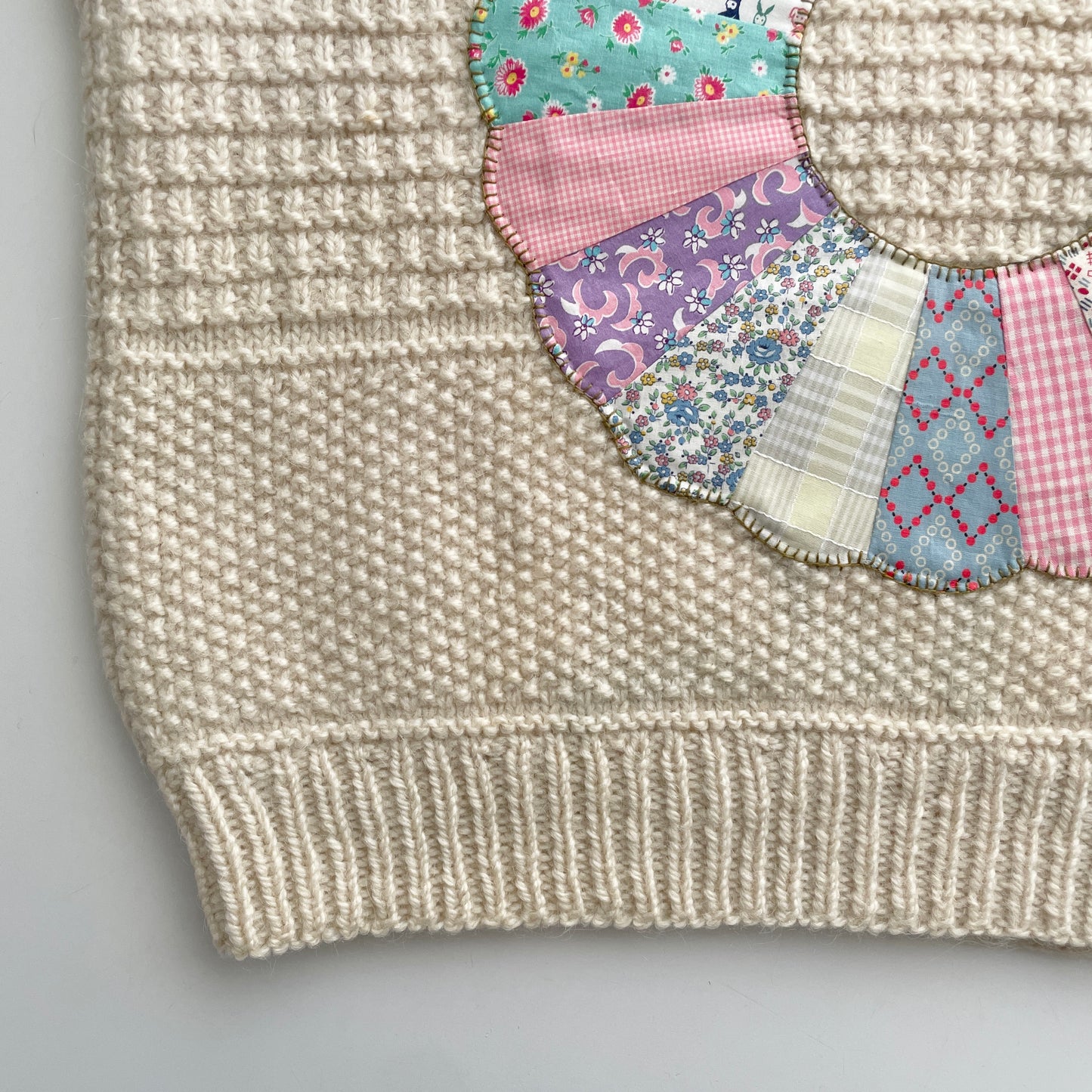 Hand Knit Sweater with Colourful Dresden Plate Appliqué