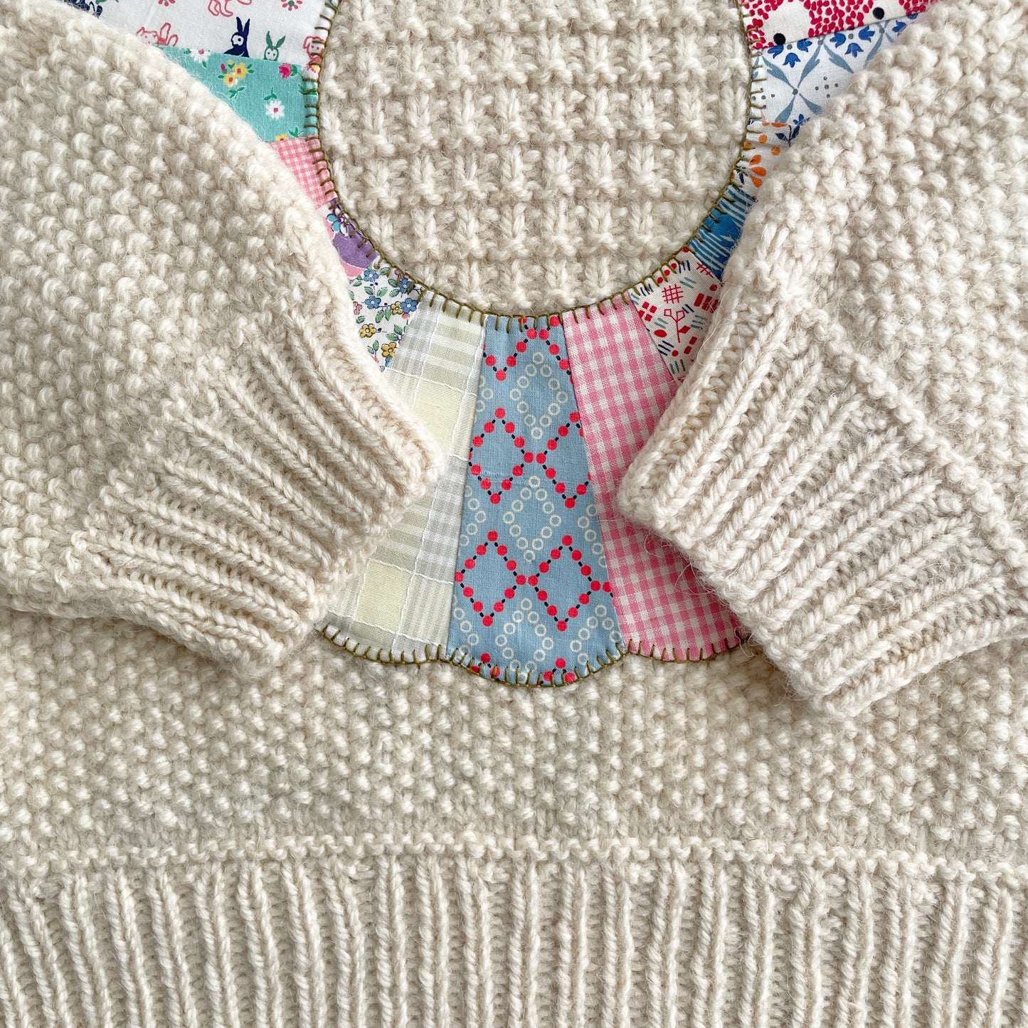 Hand Knit Sweater with Colourful Dresden Plate Appliqué