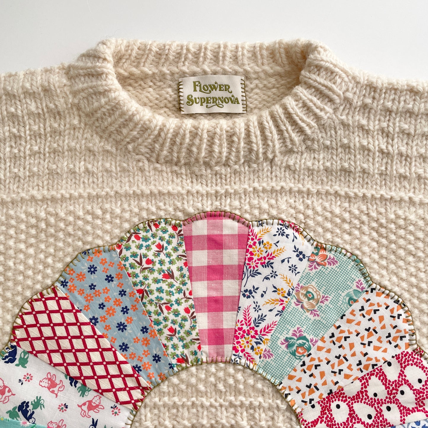Hand Knit Sweater with Colourful Dresden Plate Appliqué