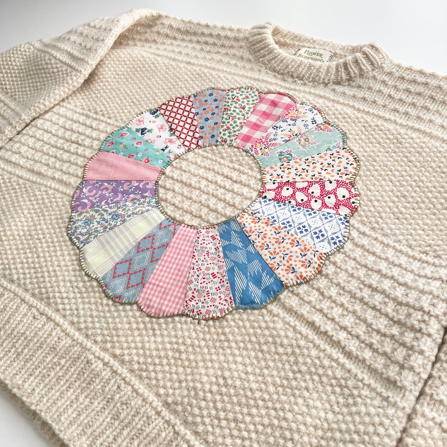 Hand Knit Sweater with Colourful Dresden Plate Appliqué
