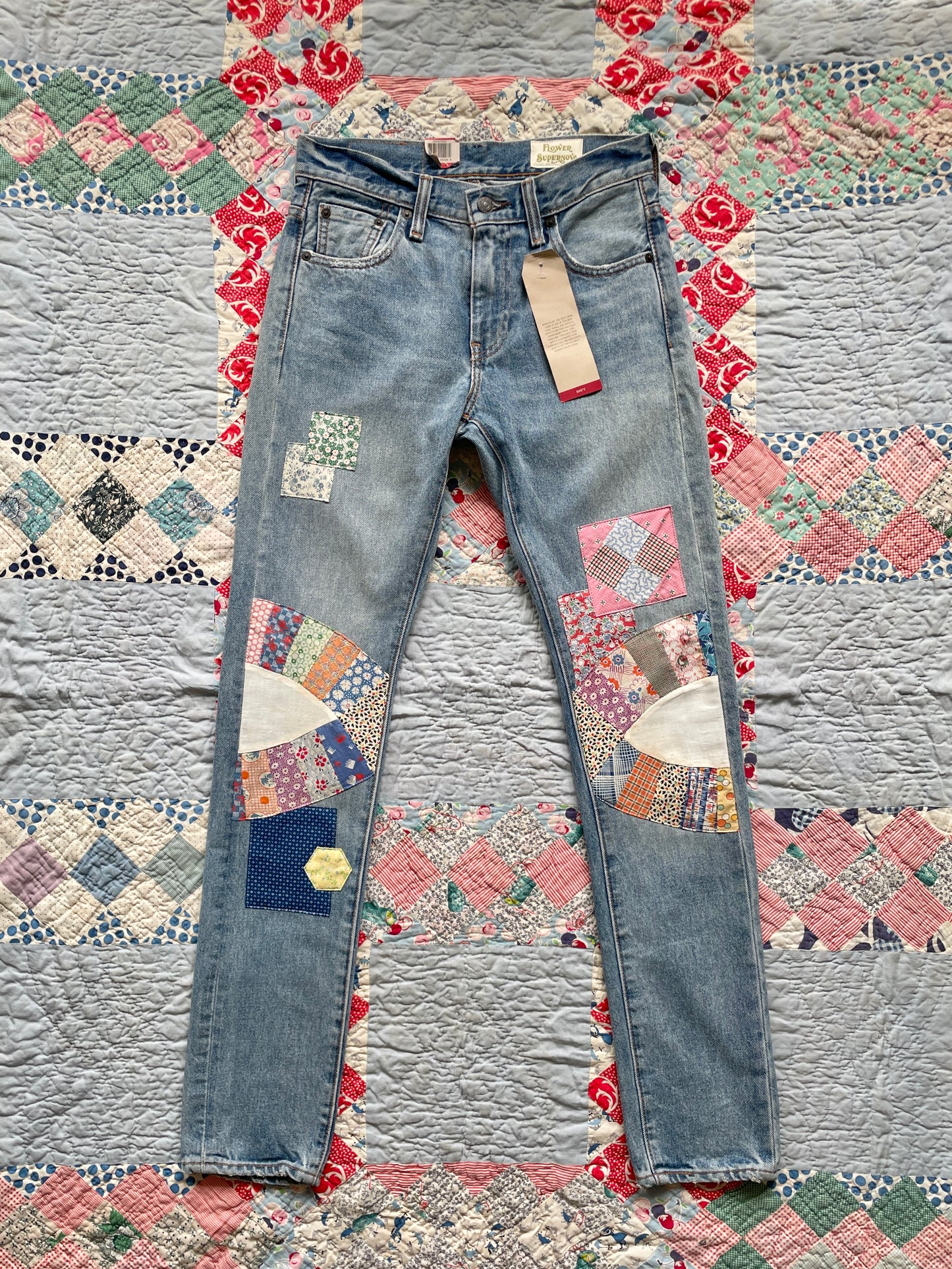 Reworked Levi's 505 C Jeans with Quilt Patches Women's 25 x 32