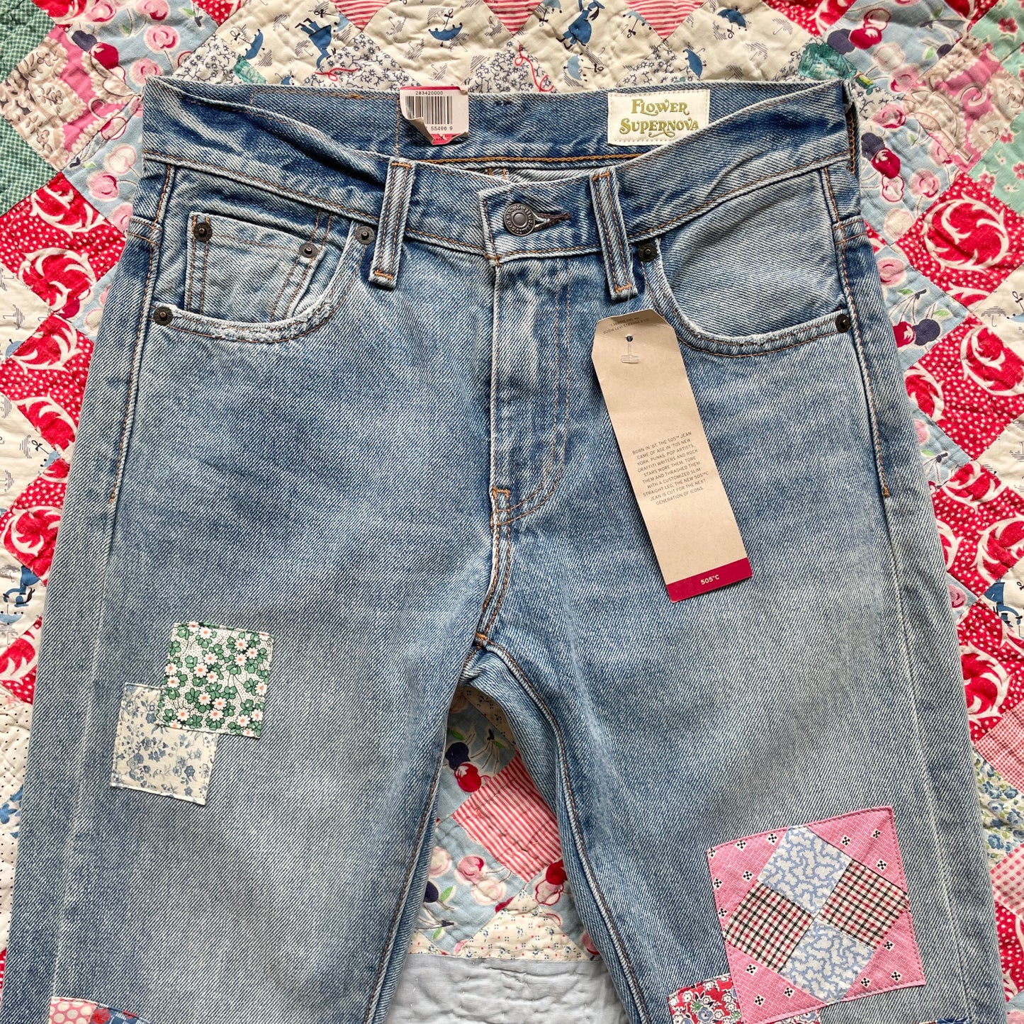 Reworked Levi's 505 C Jeans with Quilt Patches Women's 25 x 32