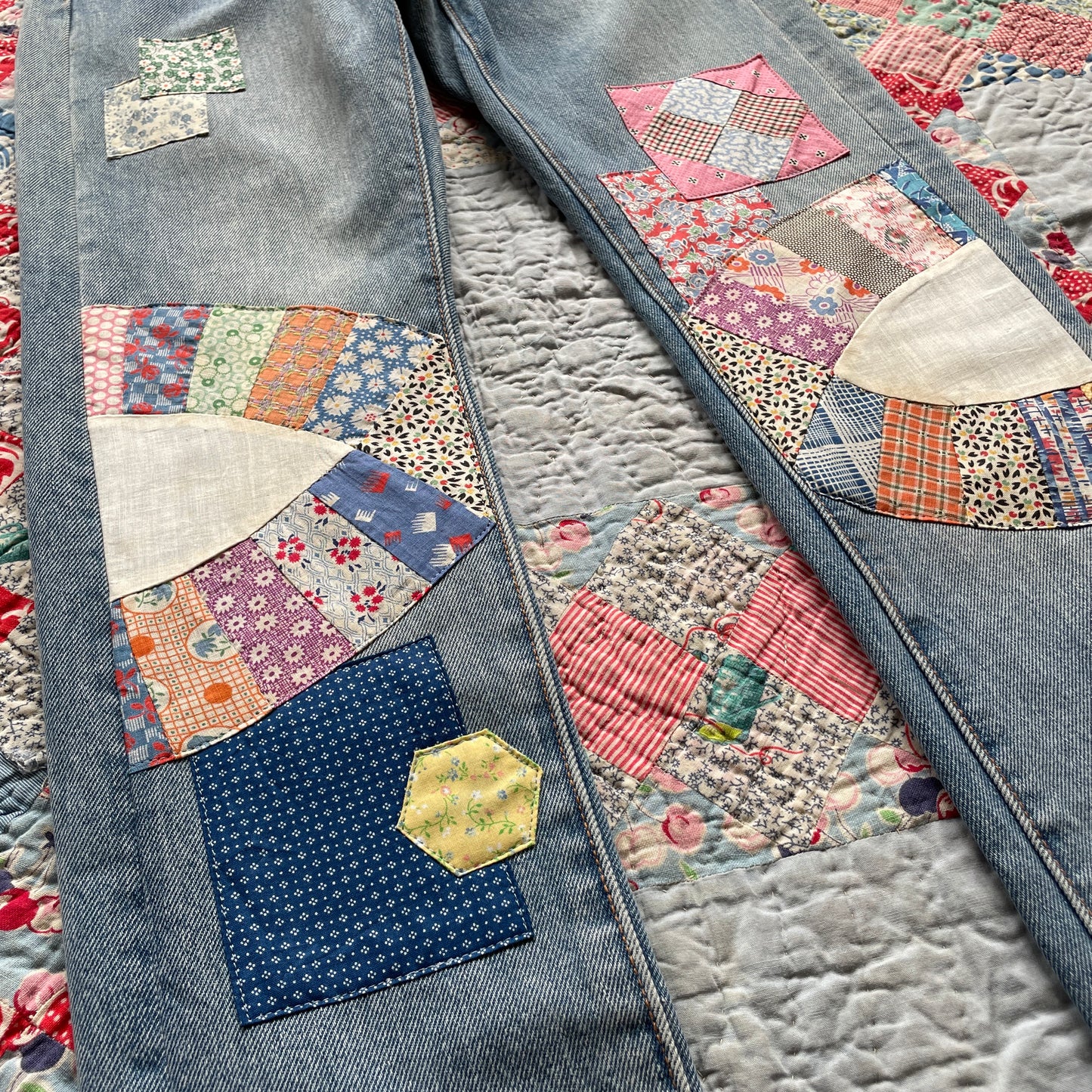 Reworked Levi's 505 C Jeans with Quilt Patches Women's 25 x 32