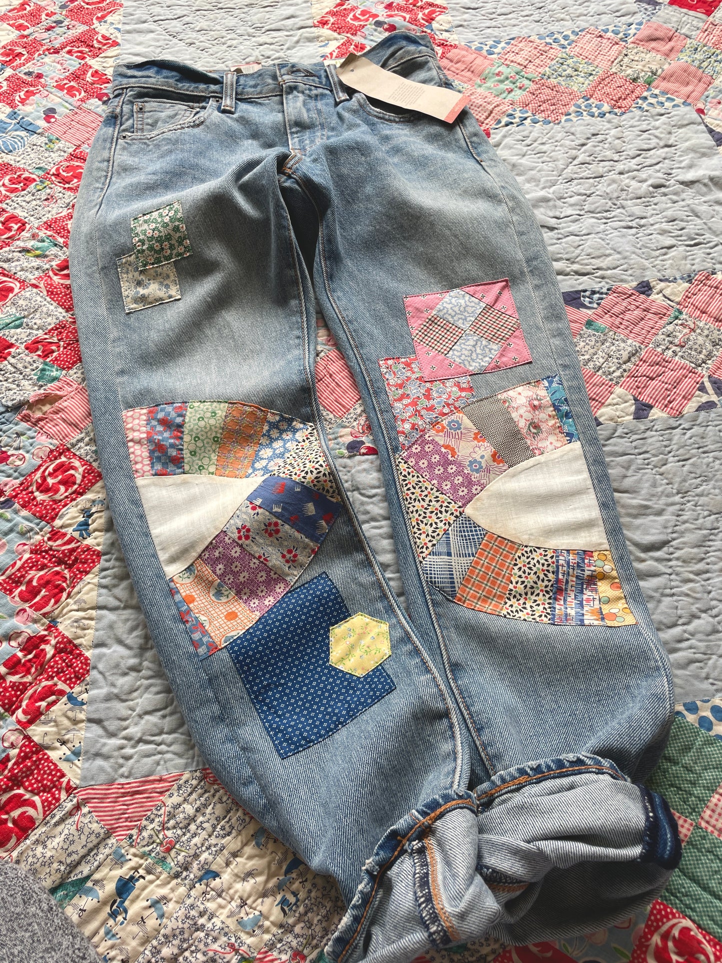 Reworked Levi's 505 C Jeans with Quilt Patches Women's 25 x 32