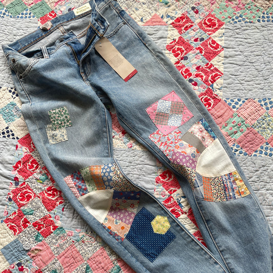 Reworked Levi's 505 C Jeans with Quilt Patches Women's 25 x 32