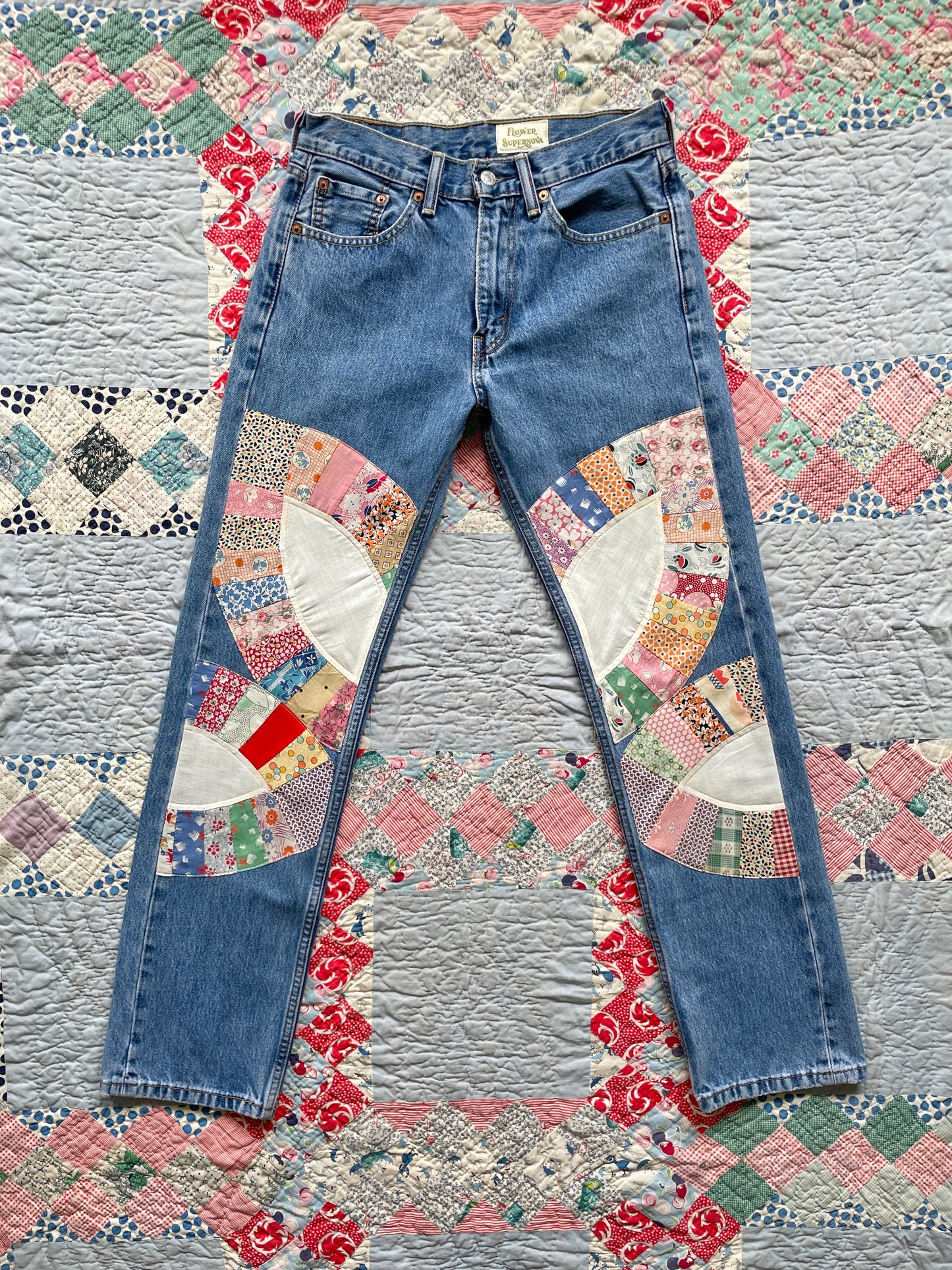 Reworked Levi's 505 Jeans Upcycled with Quilt Patches Men's Size 29 x 32