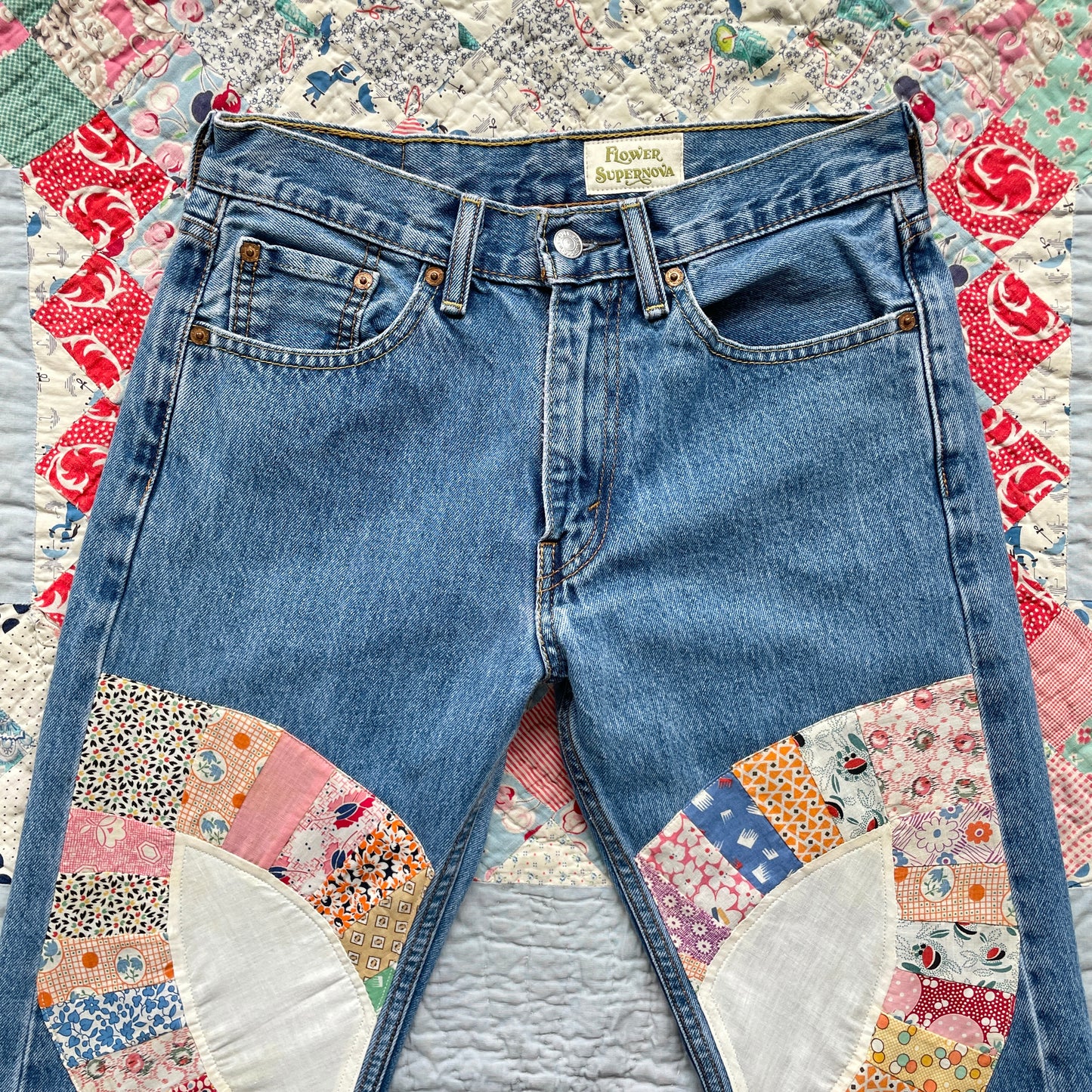 Reworked Levi's 505 Jeans Upcycled with Quilt Patches Men's Size 29 x 32