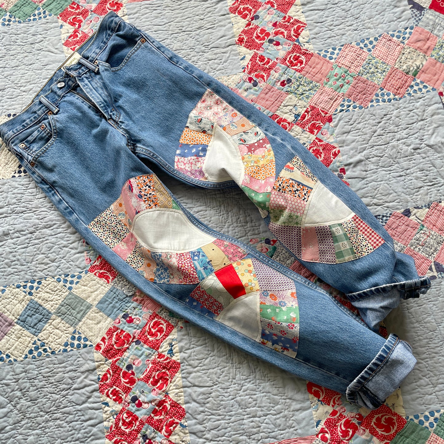 Reworked Levi's 505 Jeans Upcycled with Quilt Patches Men's Size 29 x 32