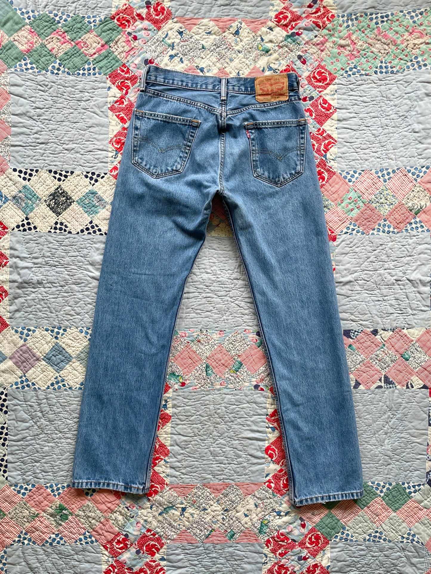 Reworked Levi's 505 Jeans Upcycled with Quilt Patches Men's Size 29 x 32