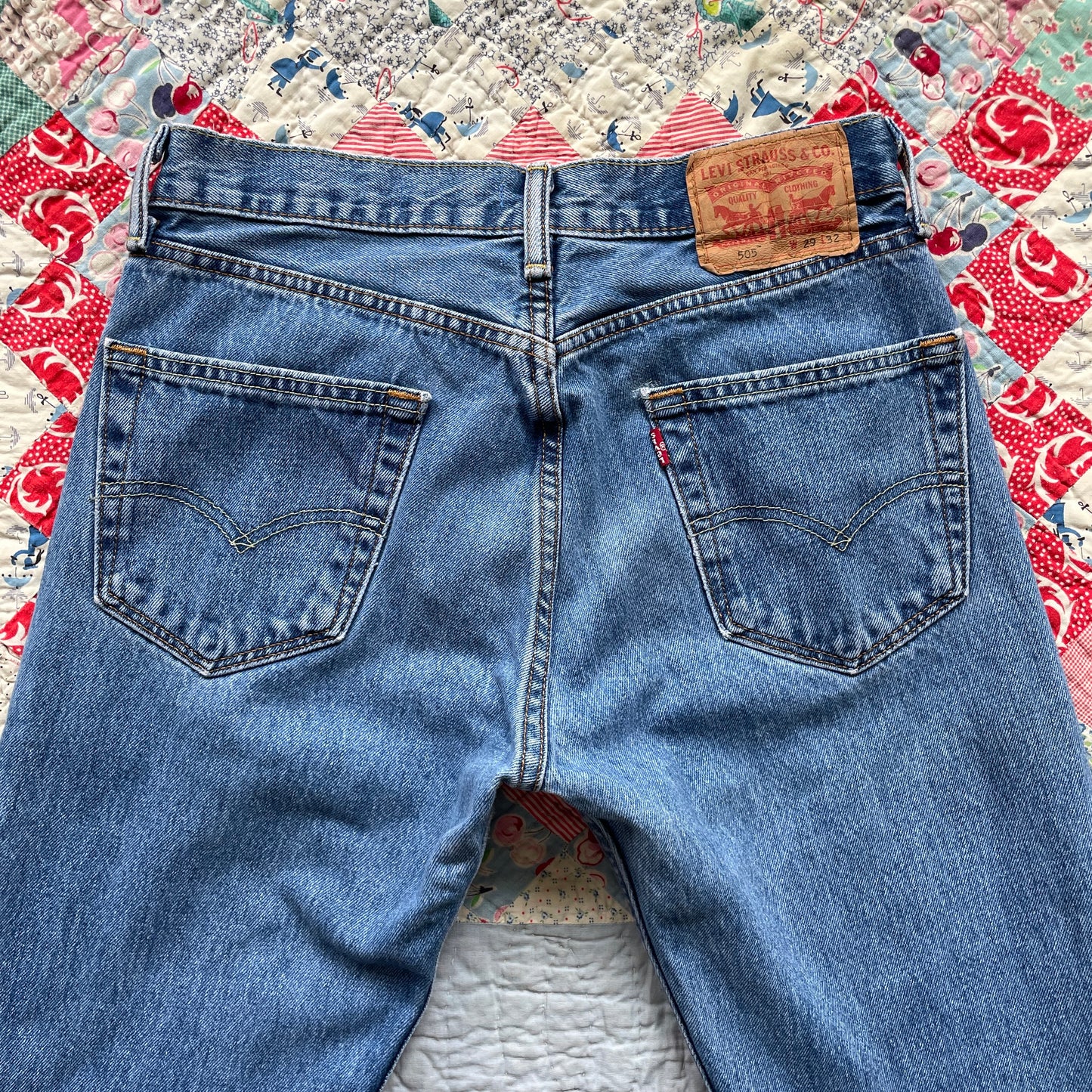 Reworked Levi's 505 Jeans Upcycled with Quilt Patches Men's Size 29 x 32