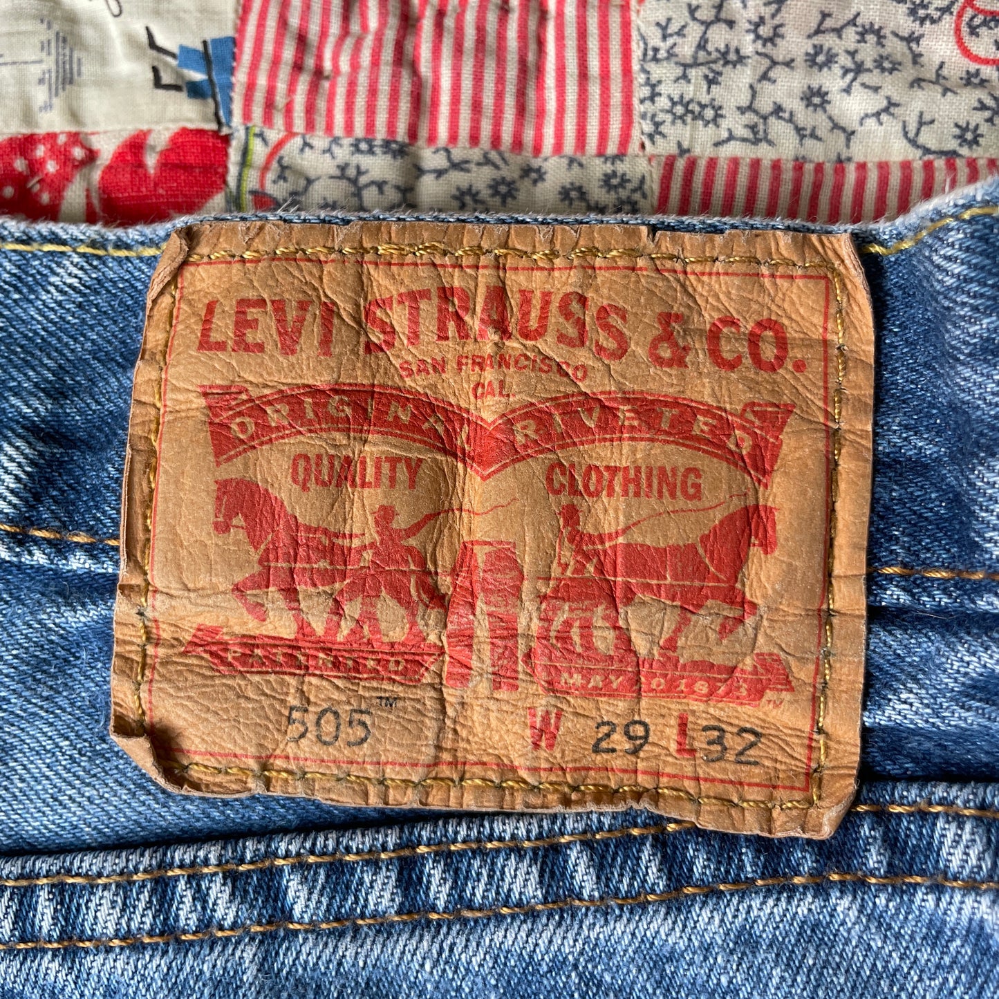 Reworked Levi's 505 Jeans Upcycled with Quilt Patches Men's Size 29 x 32