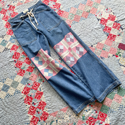 Reworked Wide Leg Jeans with Quilt Patches Women's Vintage Size 4