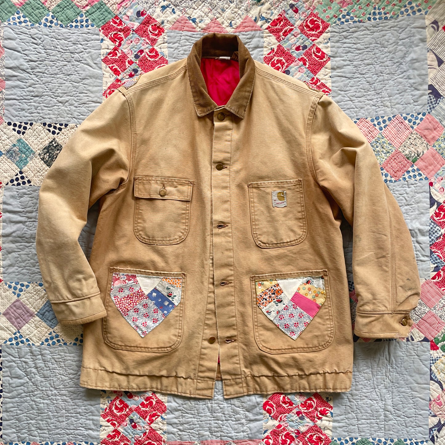 Reworked Carhartt Chore Coat Jacket with Quilt Patches Men's Size 46 XL