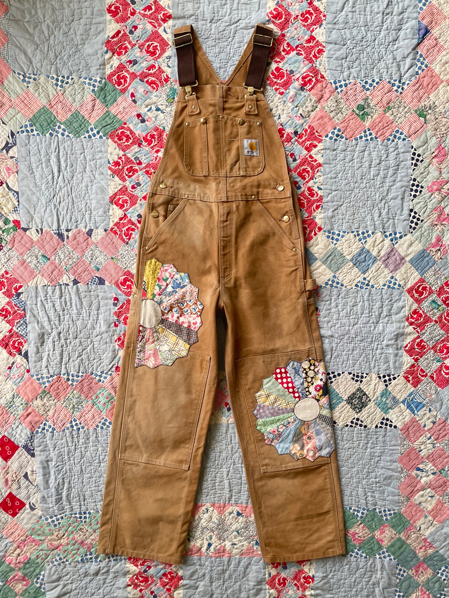 Reworked Carhartt Overalls with Quilt Patches Men's Size 30 x 30