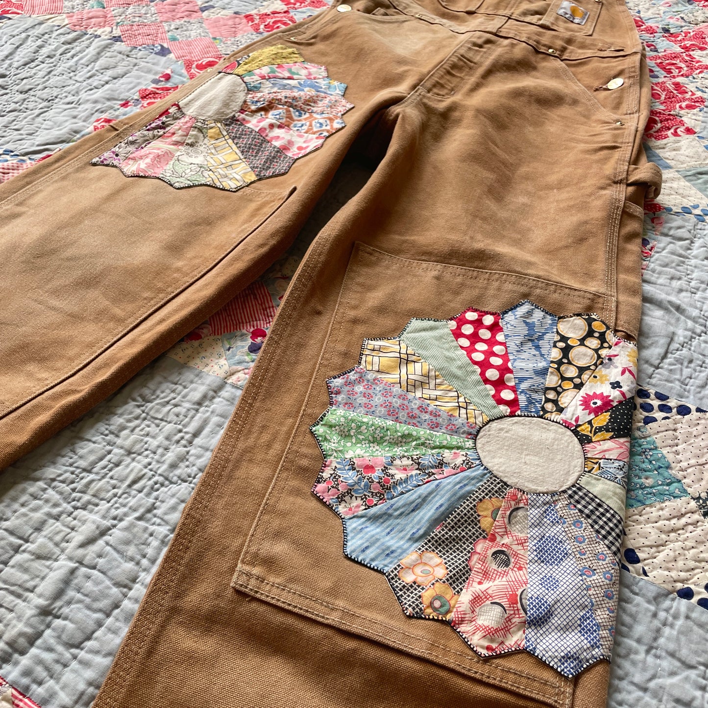 Reworked Carhartt Overalls with Quilt Patches Men's Size 30 x 30