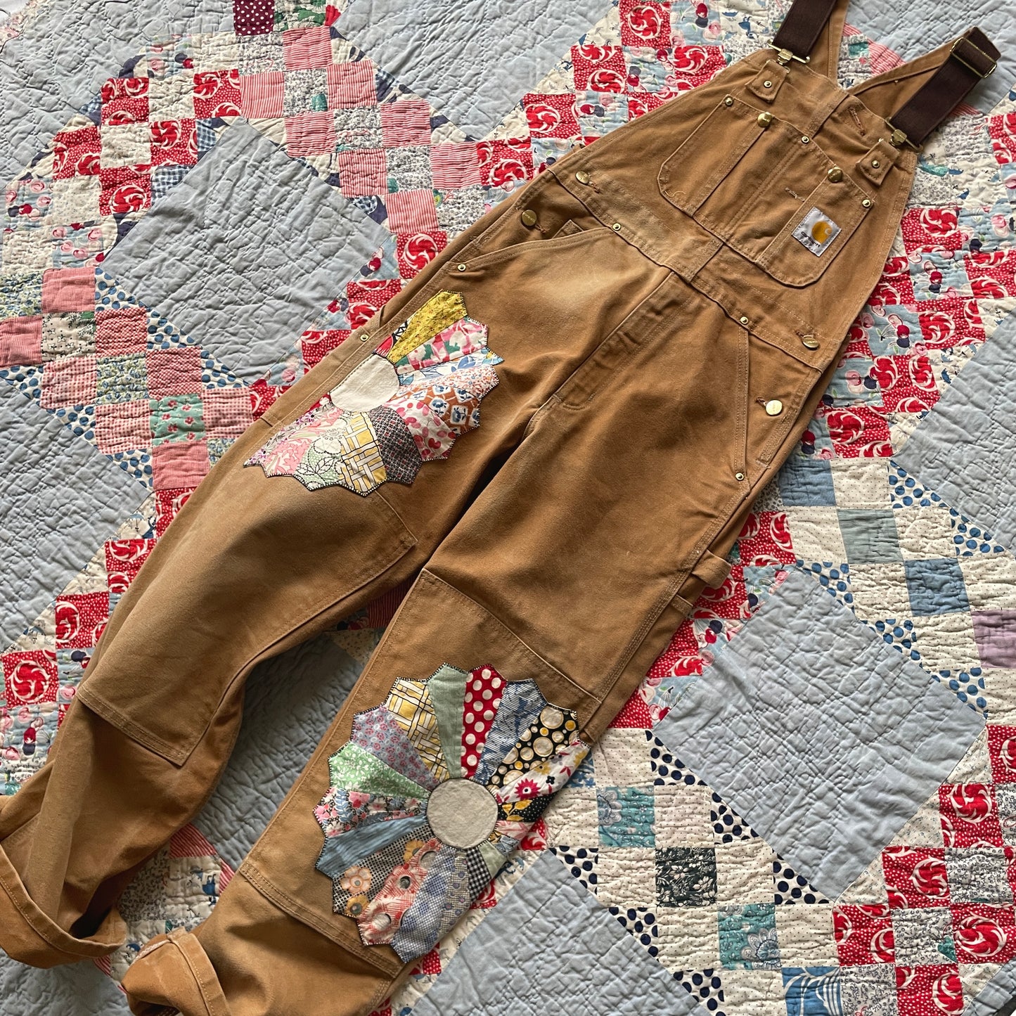 Reworked Carhartt Overalls with Quilt Patches Men's Size 30 x 30