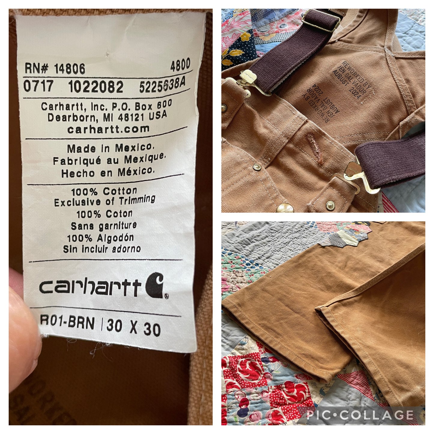 Reworked Carhartt Overalls with Quilt Patches Men's Size 30 x 30