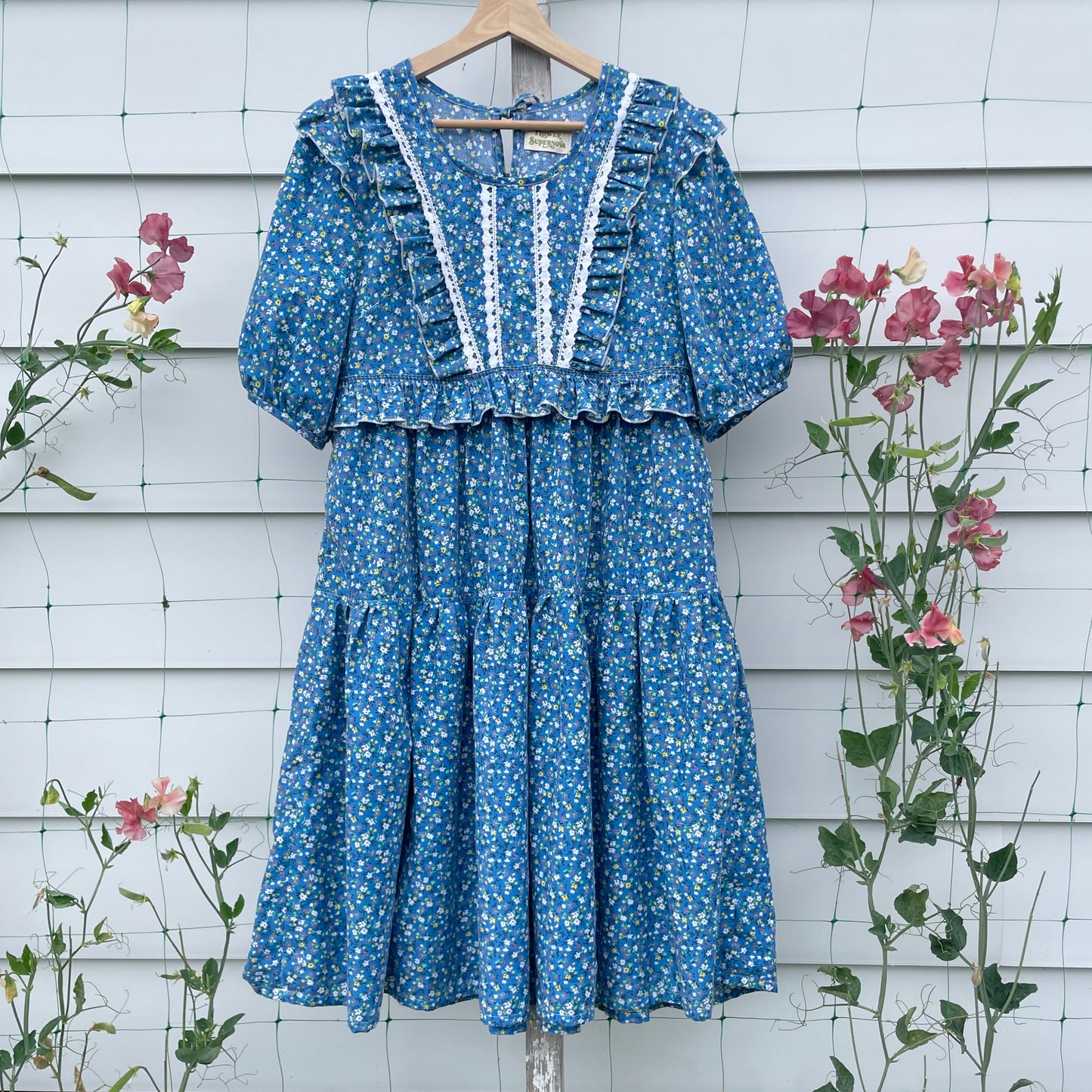 Blue Floral Prairie Dress with Ruffles Upcycled from Vintage Curtains XS