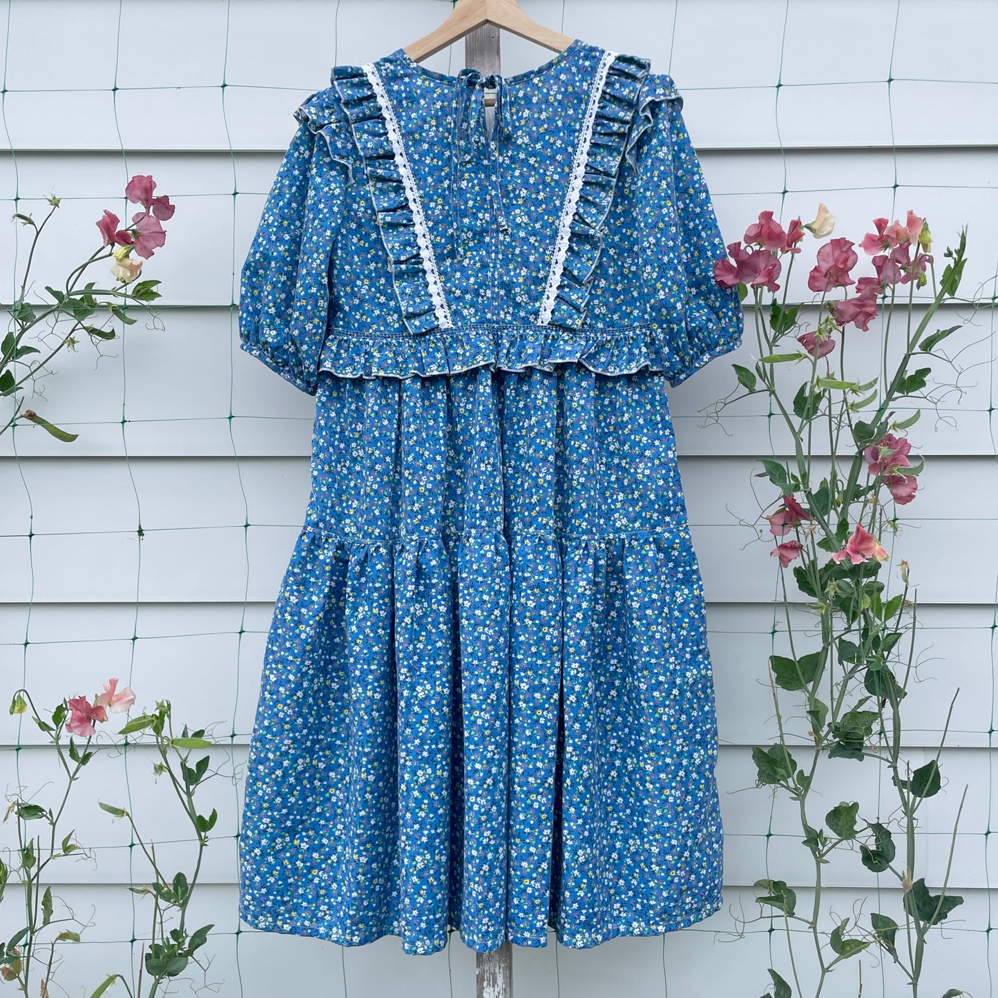 Blue Floral Prairie Dress with Ruffles Upcycled from Vintage Curtains XS