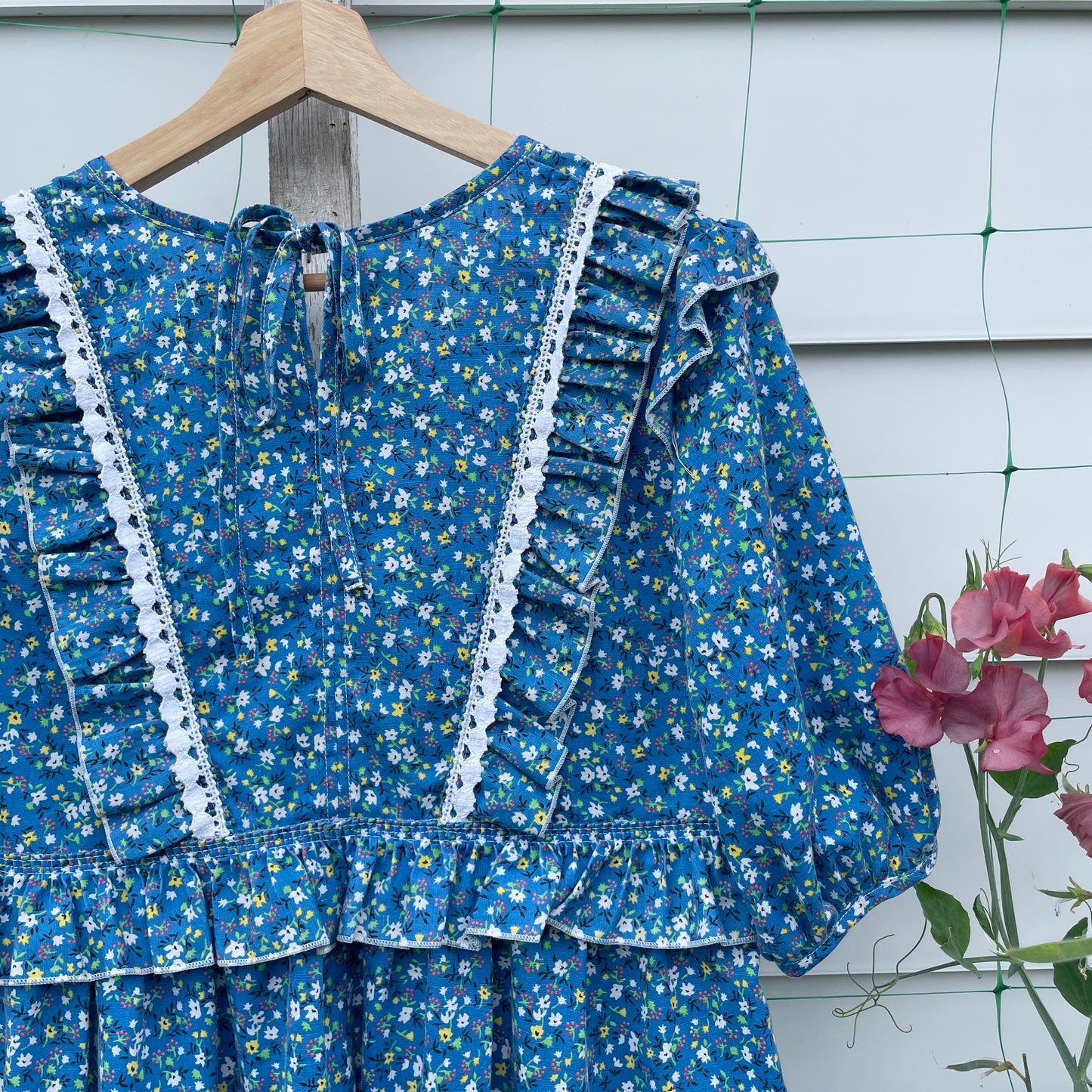 Blue Floral Prairie Dress with Ruffles Upcycled from Vintage Curtains XS