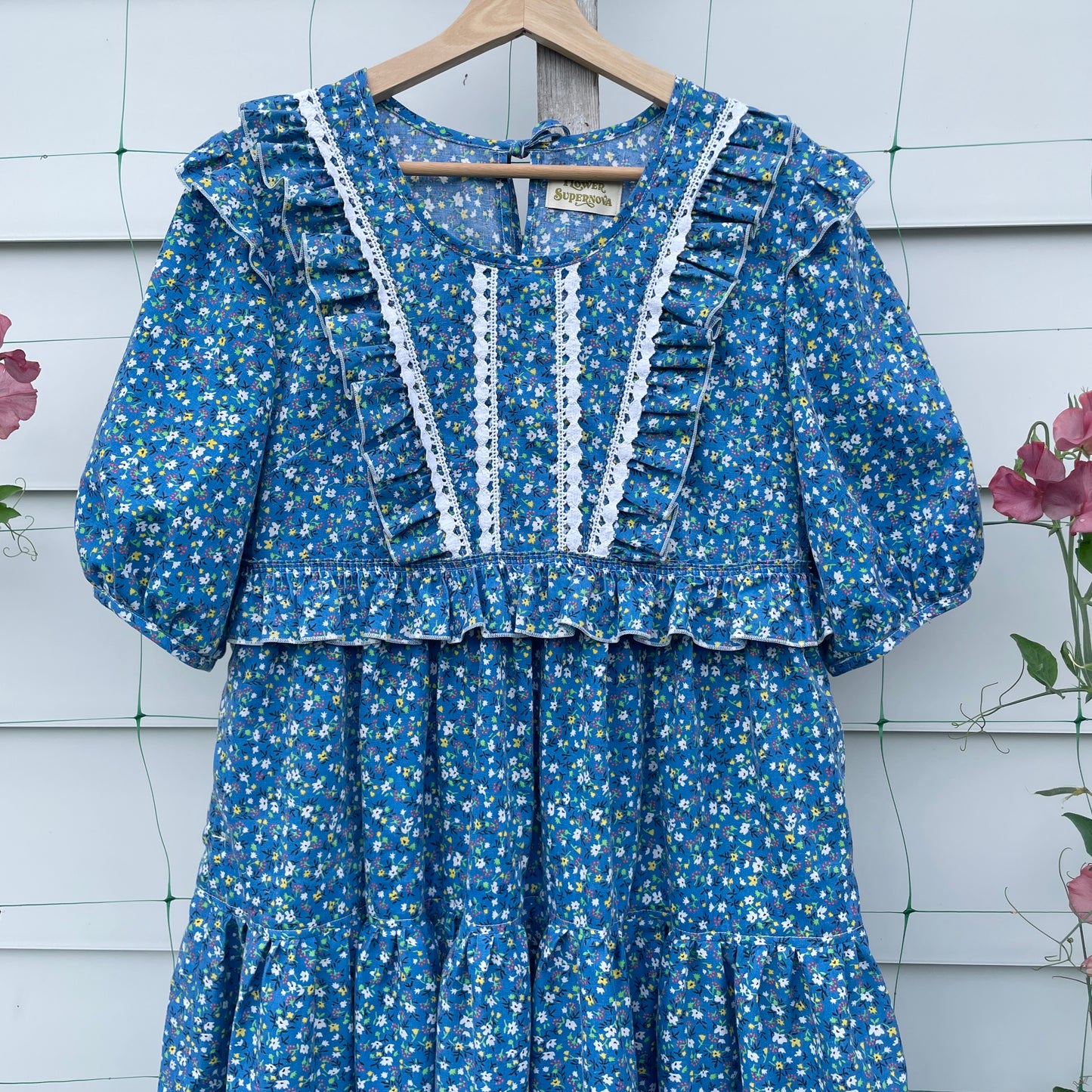 Blue Floral Prairie Dress with Ruffles Upcycled from Vintage Curtains XS