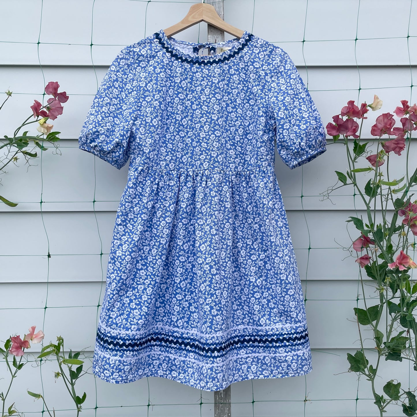 Blue Floral Rick Rack Dress Upcycled from Vintage Cotton Sheet XXS