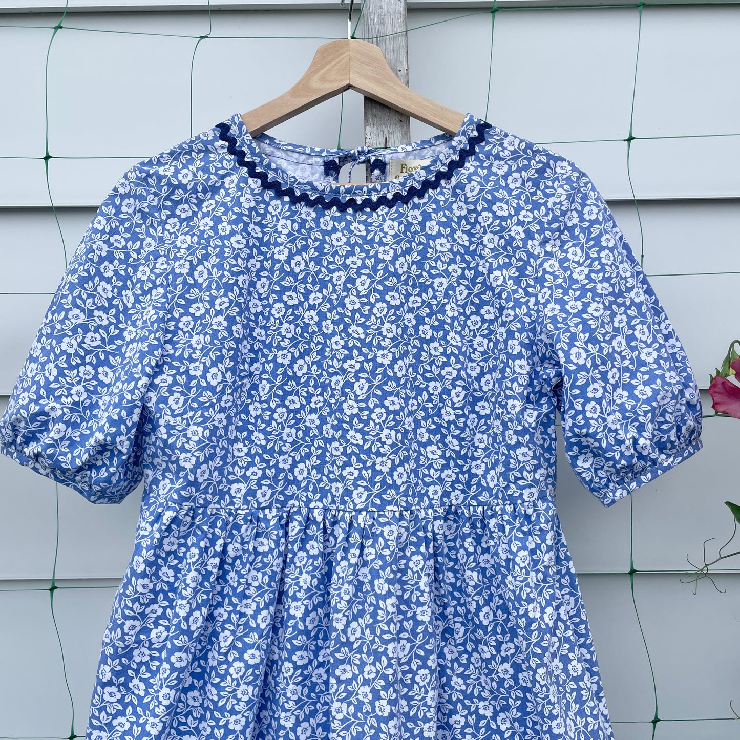 Blue Floral Rick Rack Dress Upcycled from Vintage Cotton Sheet XXS