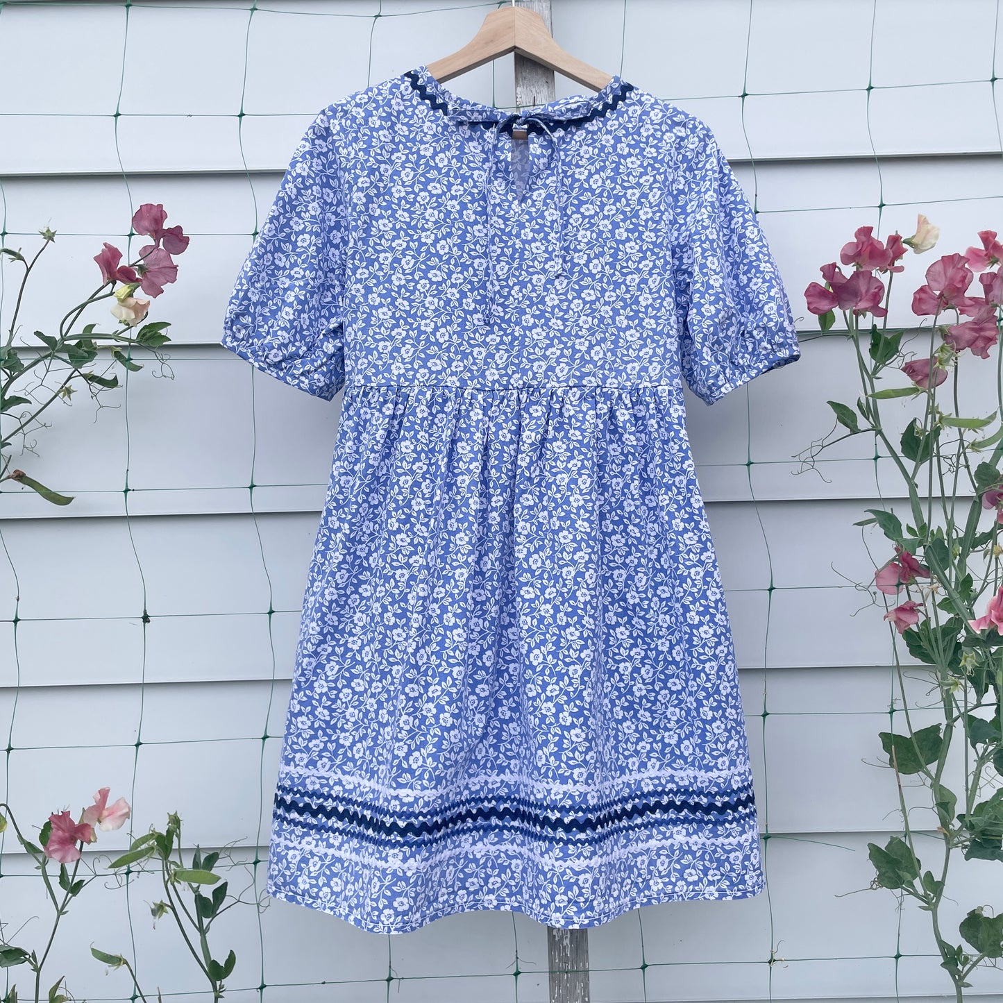 Blue Floral Rick Rack Dress Upcycled from Vintage Cotton Sheet XXS